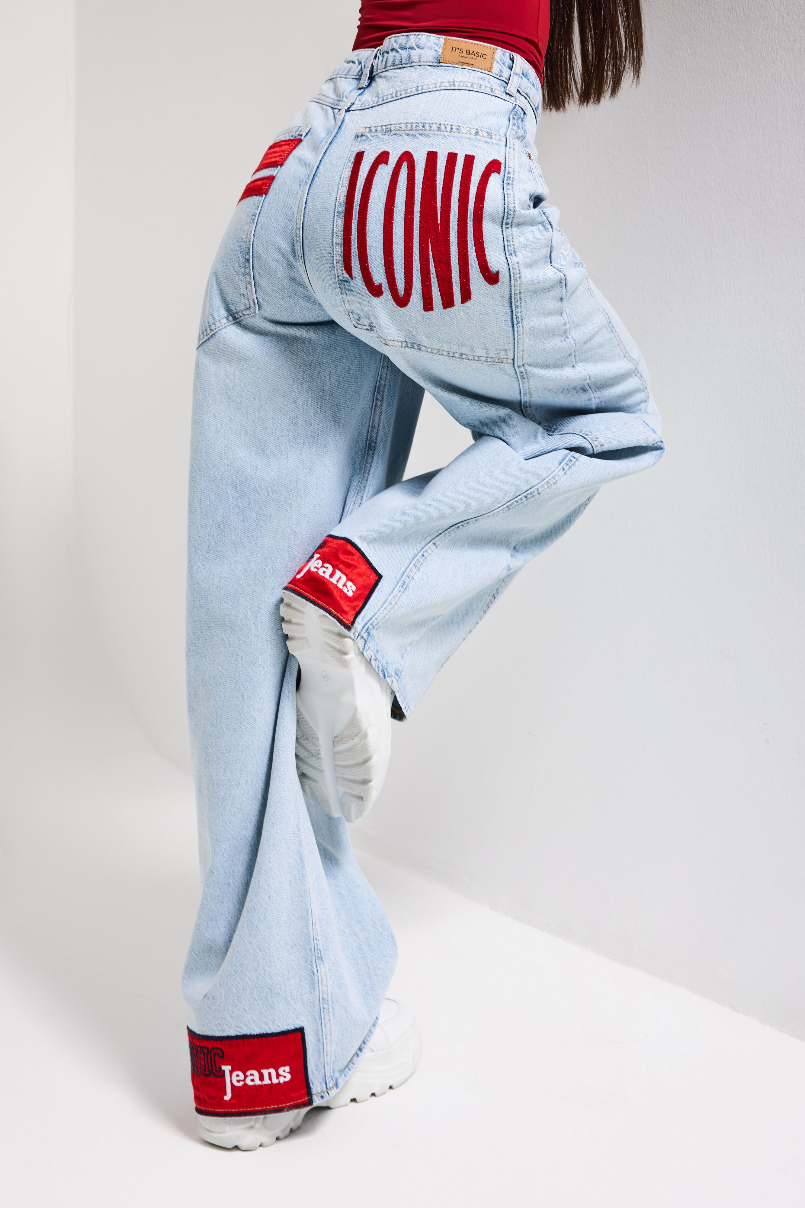 Kadın Ice Renk 4s6-3 Mega Baggy Fit Paça ve Cep Detaylı Özel Tasarım Denim Jean