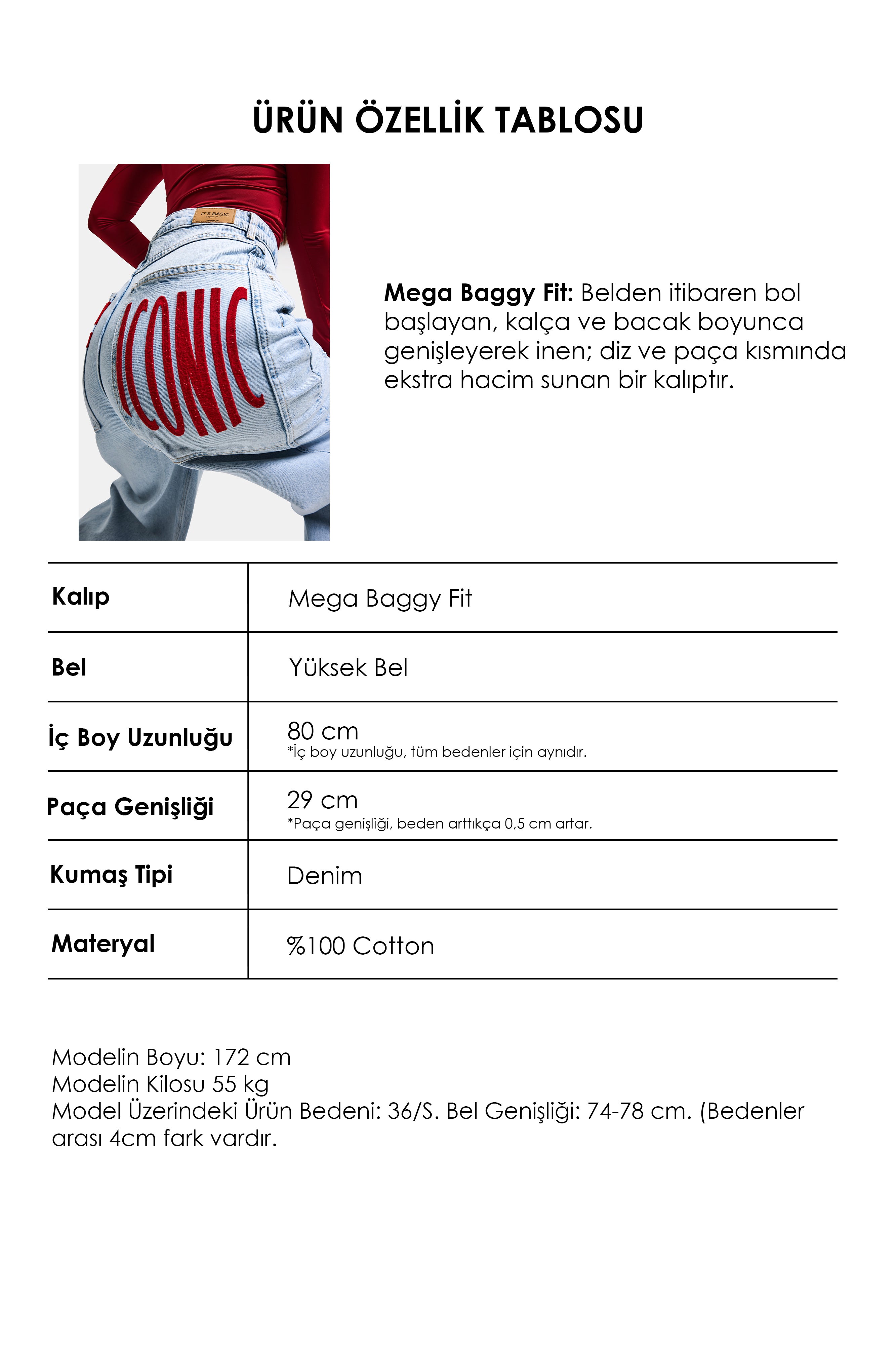 Kadın Ice Renk 4s6-3 Mega Baggy Fit Paça ve Cep Detaylı Özel Tasarım Denim Jean