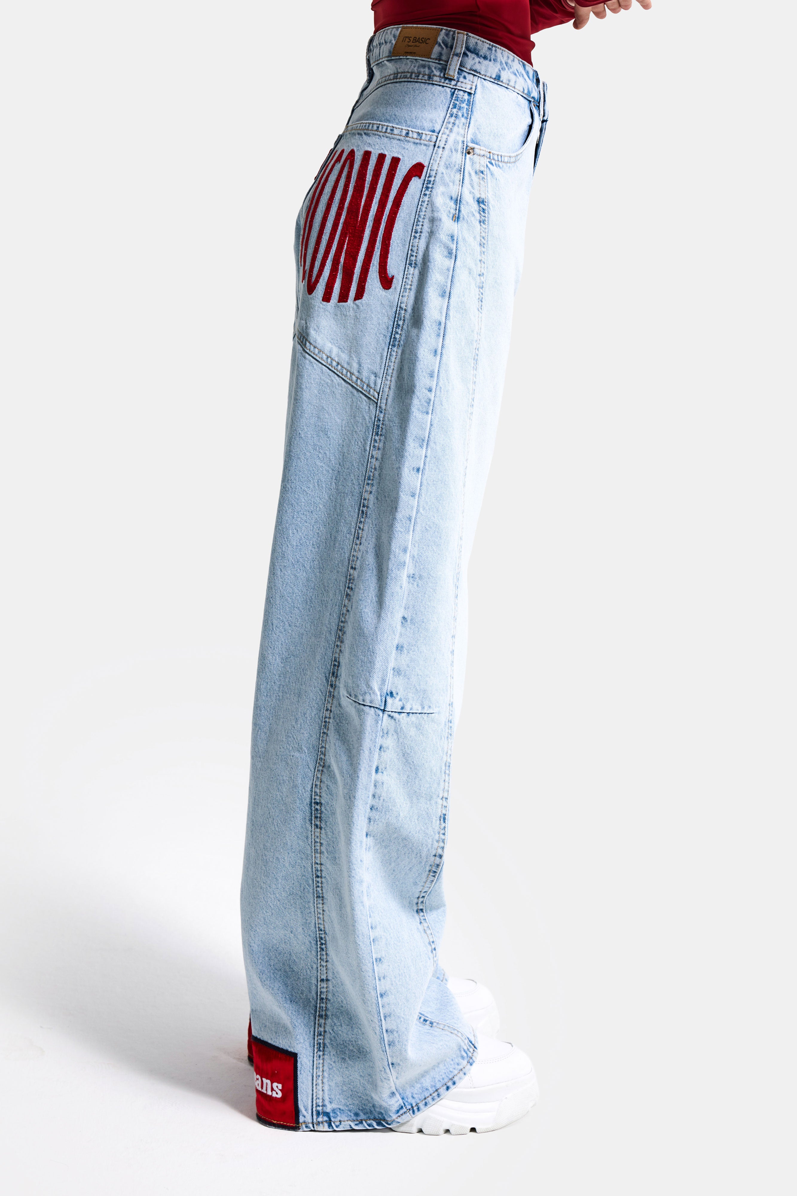 Kadın Ice Renk 4s6-3 Mega Baggy Fit Paça ve Cep Detaylı Özel Tasarım Denim Jean