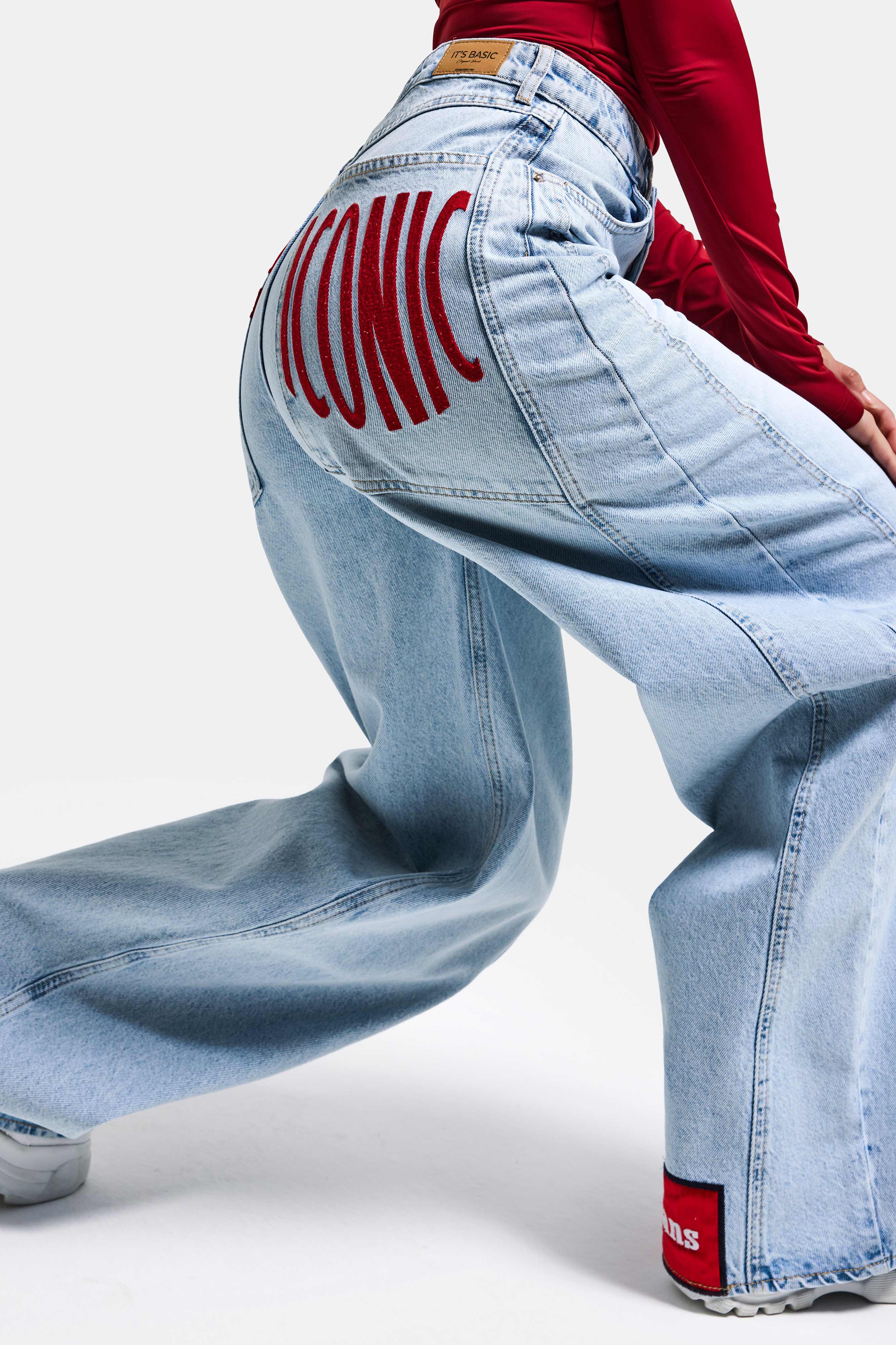 Kadın Ice Renk 4s6-3 Mega Baggy Fit Paça ve Cep Detaylı Özel Tasarım Denim Jean