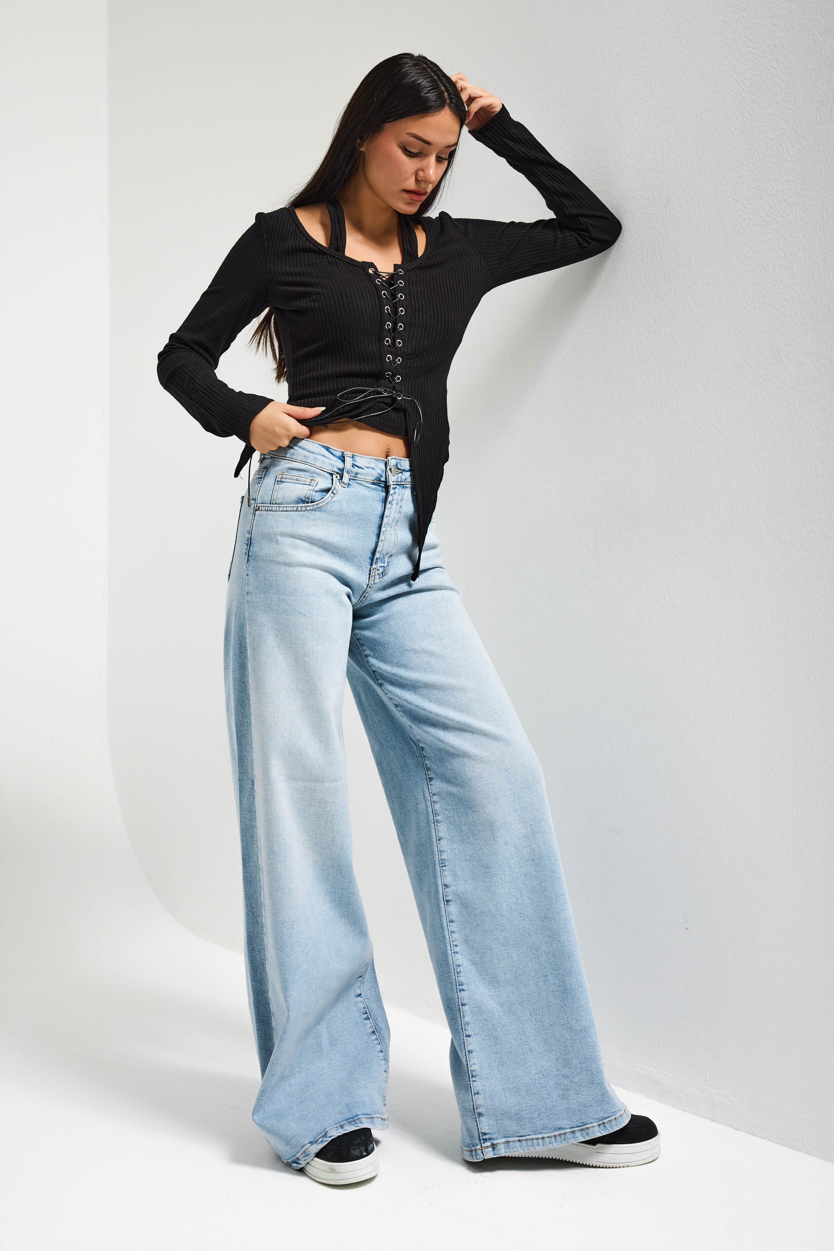 Women's Ice Color 4s6-32 Palazzo Fit Flexible Fabric Inseam 80cm Denim Jeans