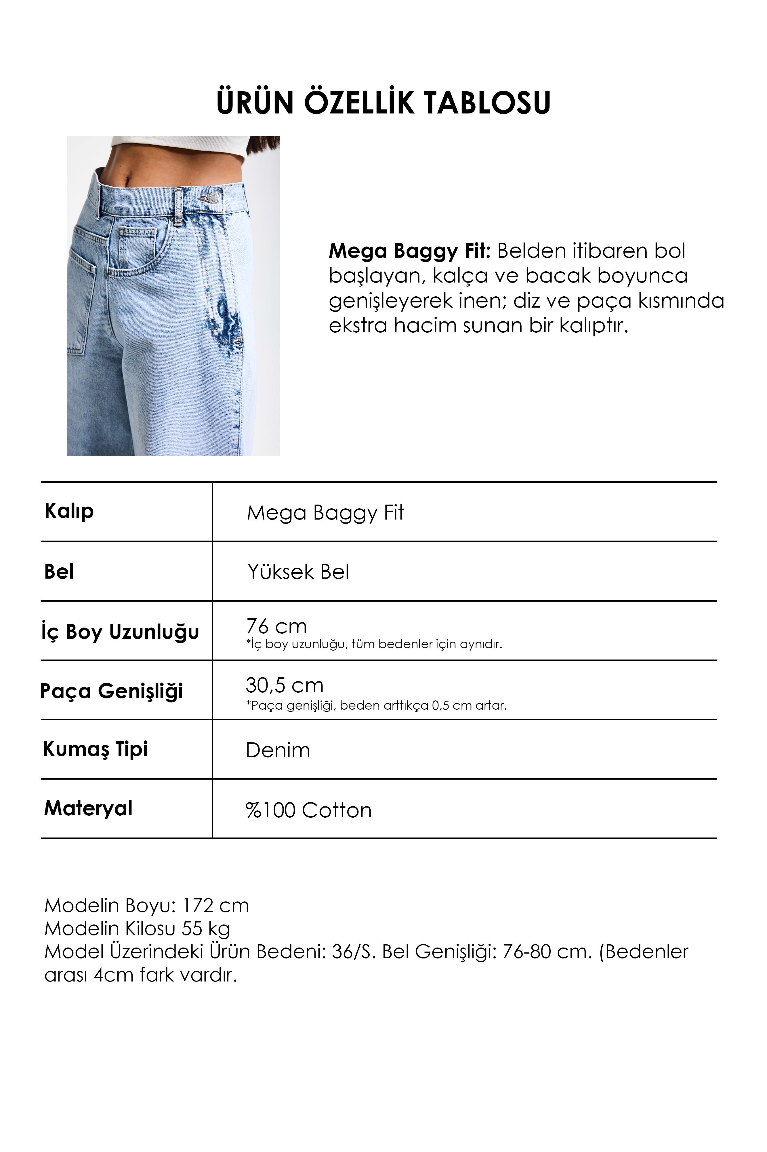 Kadın Ice Renk 4s6-3 Mega Baggy Fit Ön Arka Detay Tasarım Denim Jean