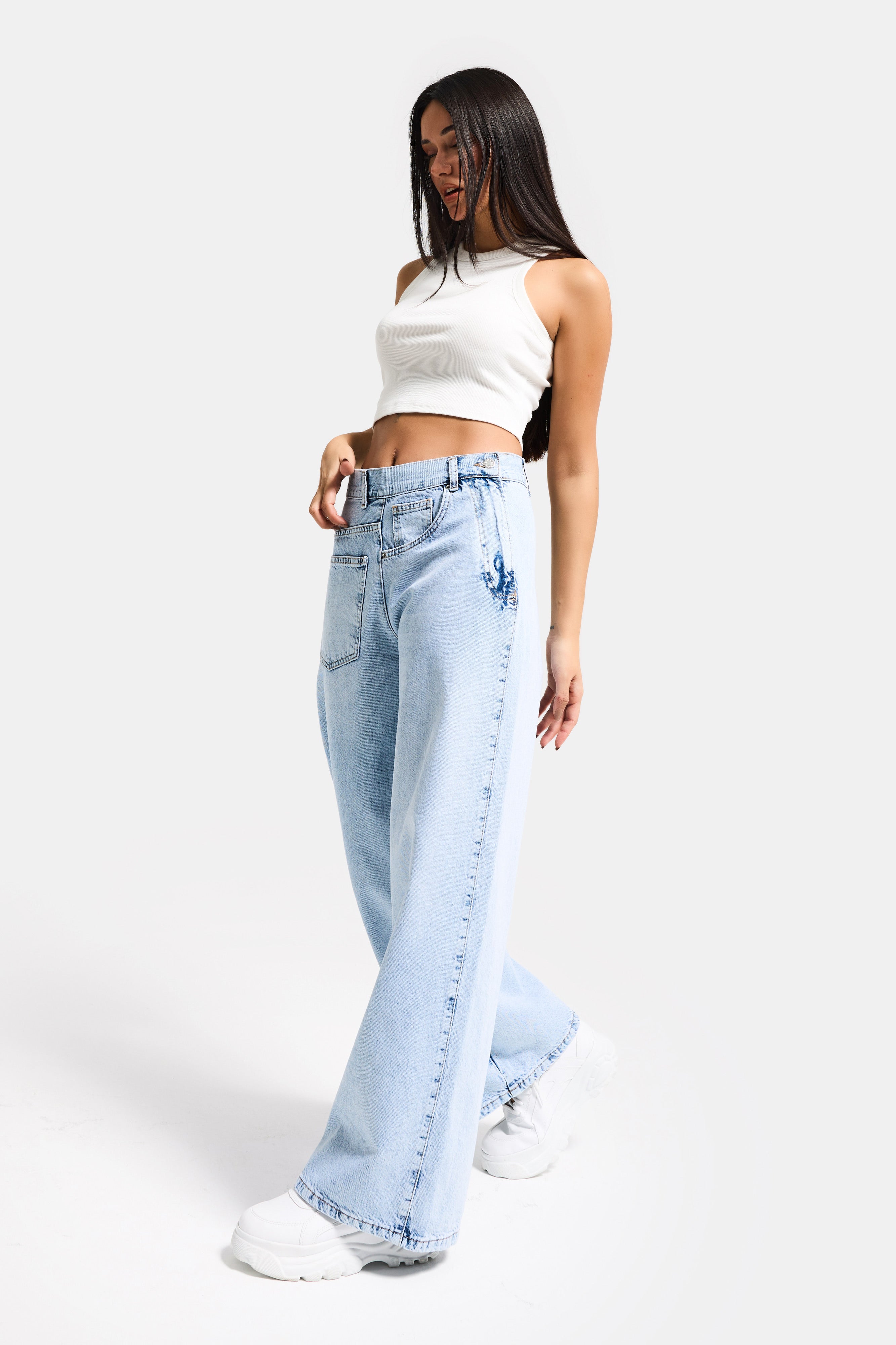 Kadın Ice Renk 4s6-3 Mega Baggy Fit Ön Arka Detay Tasarım Denim Jean