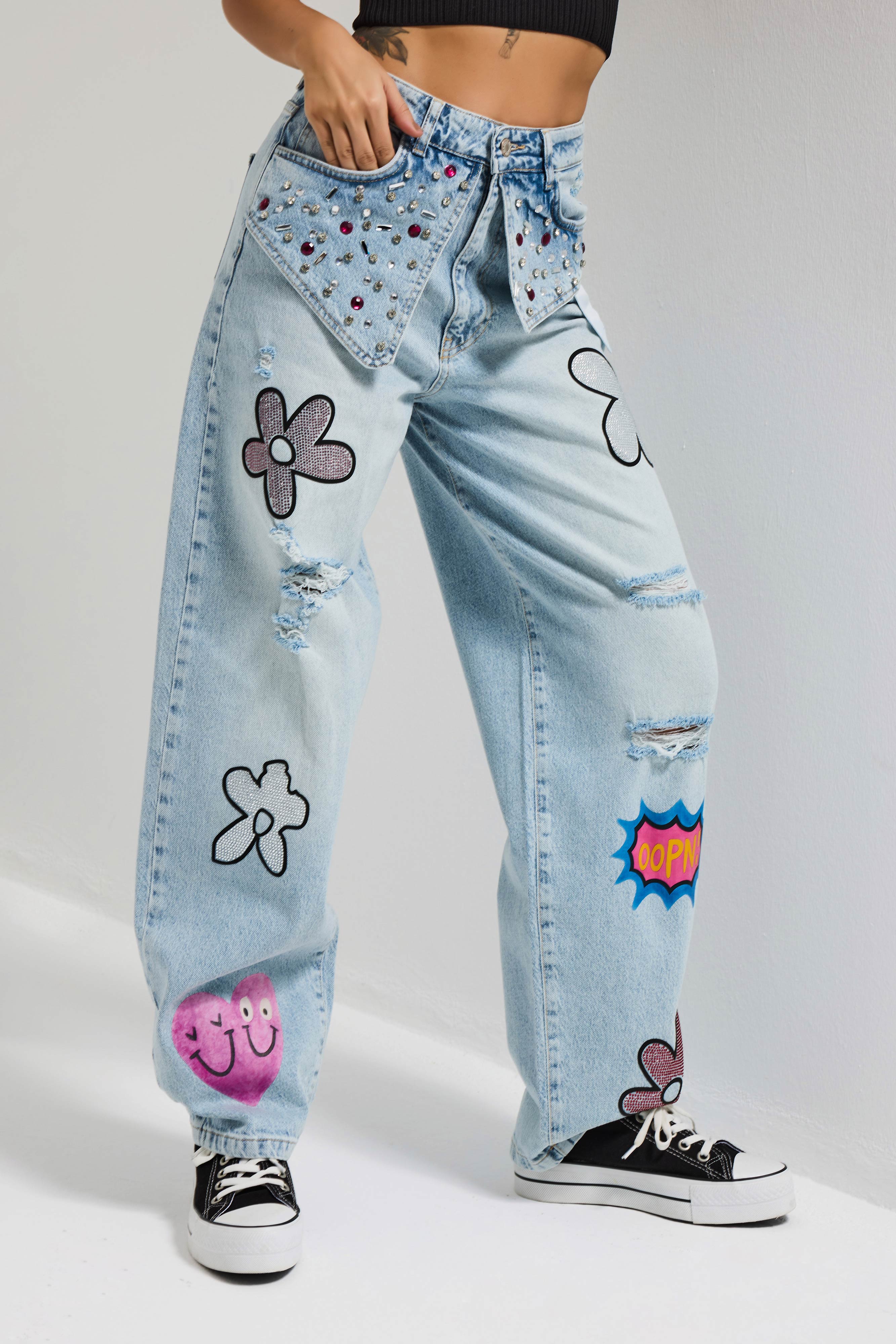 Kadın Ice T-12s6-3 Skater Fit Nakış Desenli Özel Tasarım Denim Jean