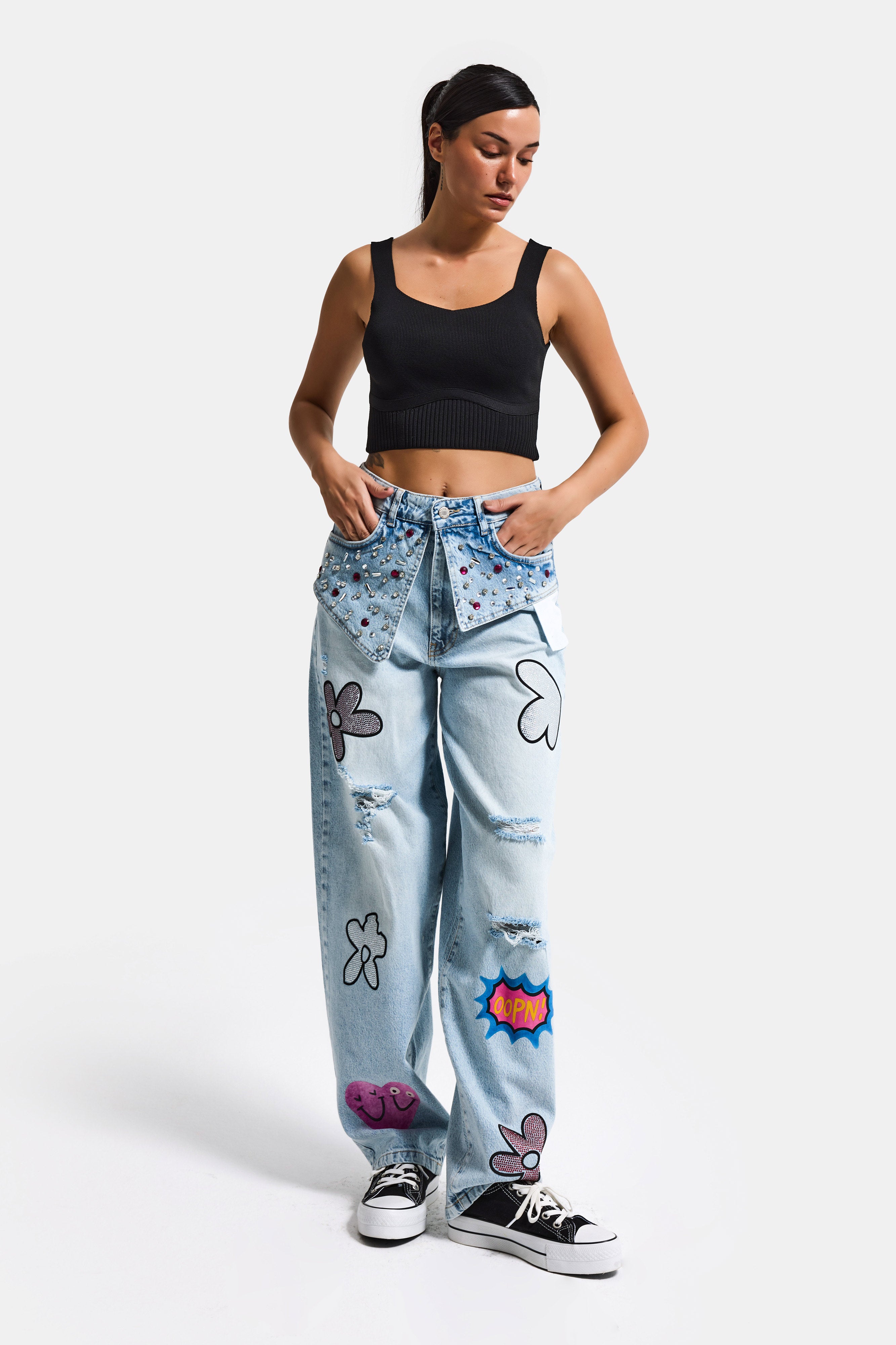 Kadın Ice T-12s6-3 Skater Fit Nakış Desenli Özel Tasarım Denim Jean