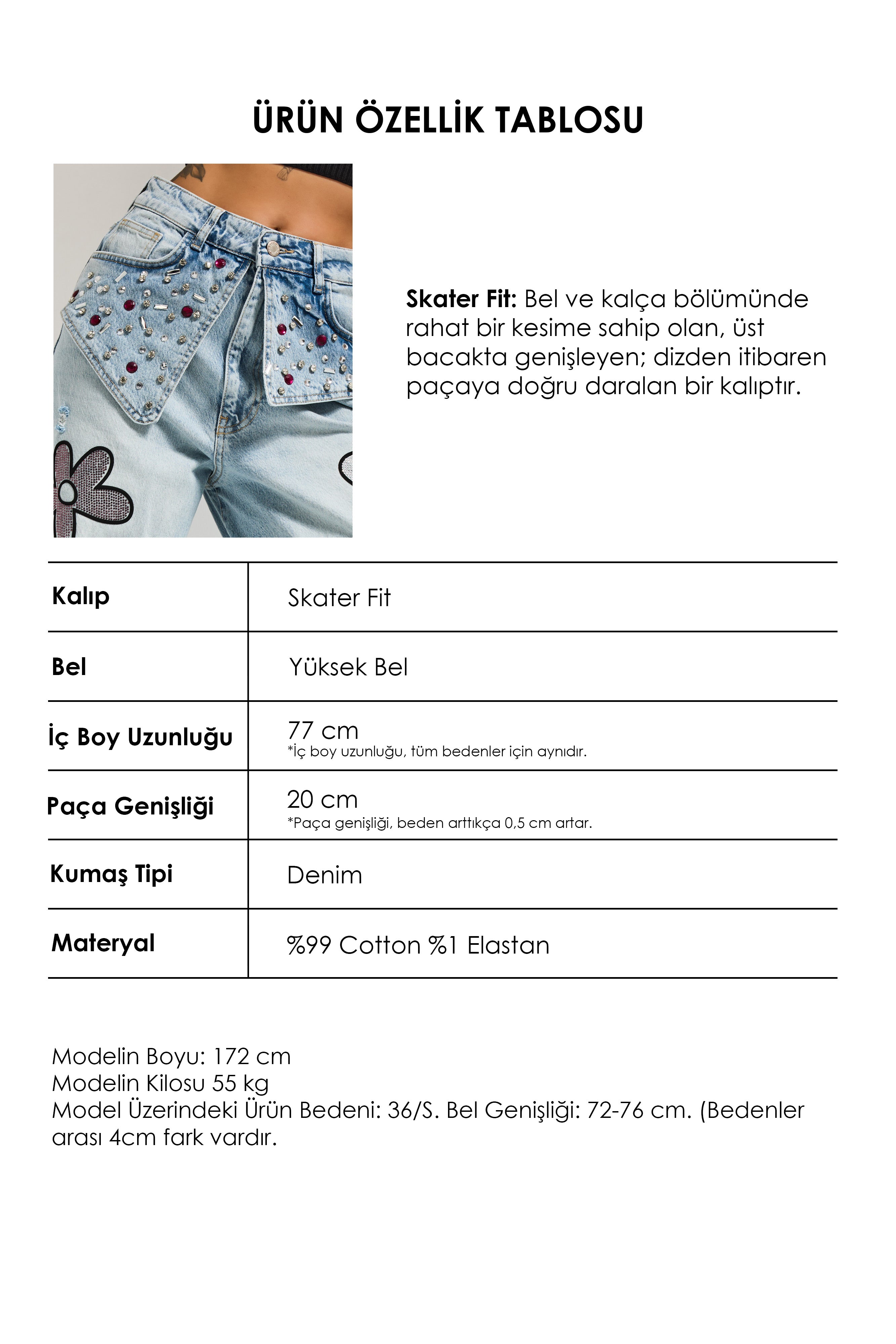 Kadın Ice T-12s6-3 Skater Fit Nakış Desenli Özel Tasarım Denim Jean