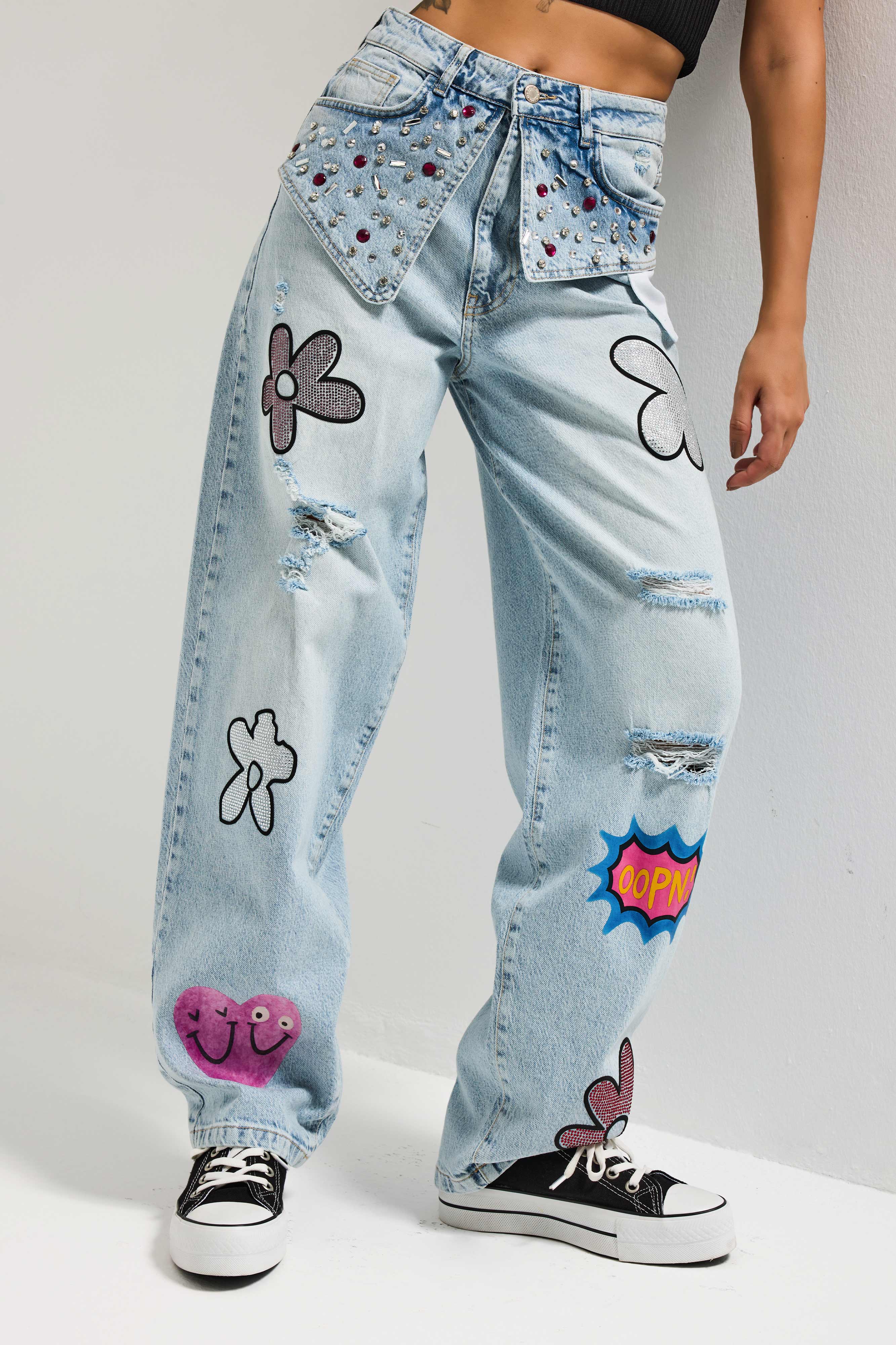 Kadın Ice T-12s6-3 Skater Fit Nakış Desenli Özel Tasarım Denim Jean