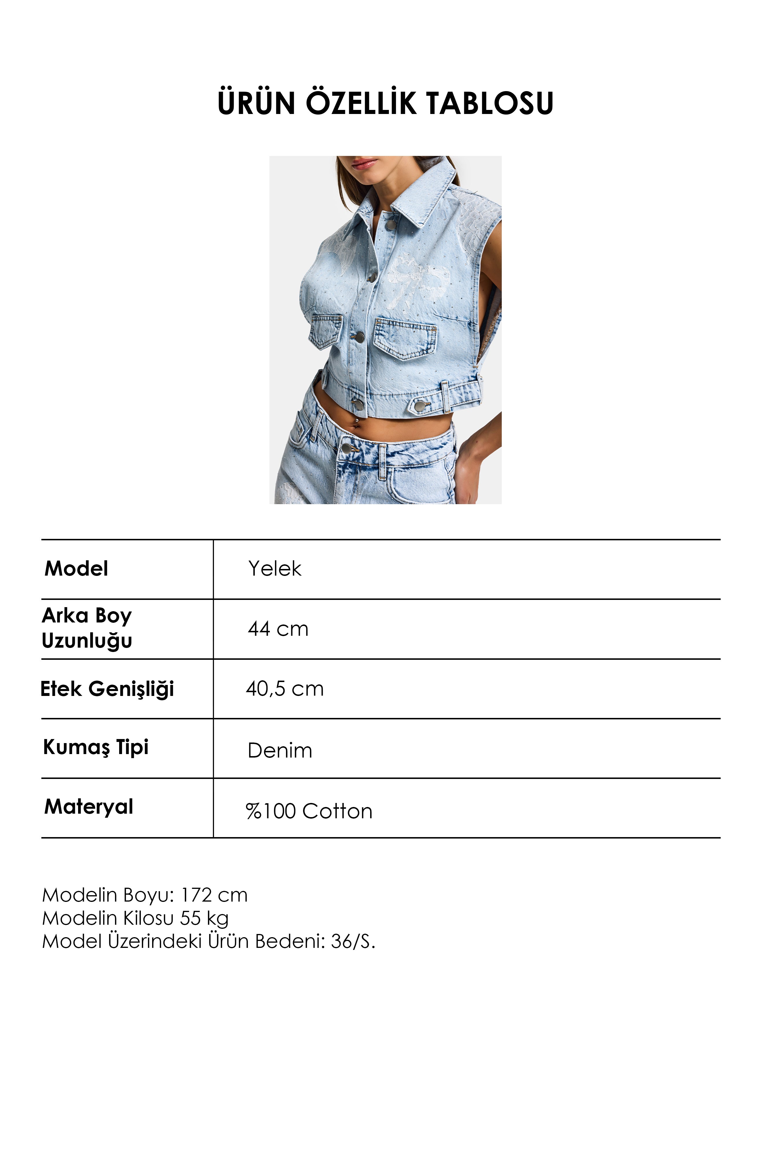 Kadın Ice T-3s6-3 Crop Fit Dantel ve Taş Detaylı Tasarım Denim Yelek