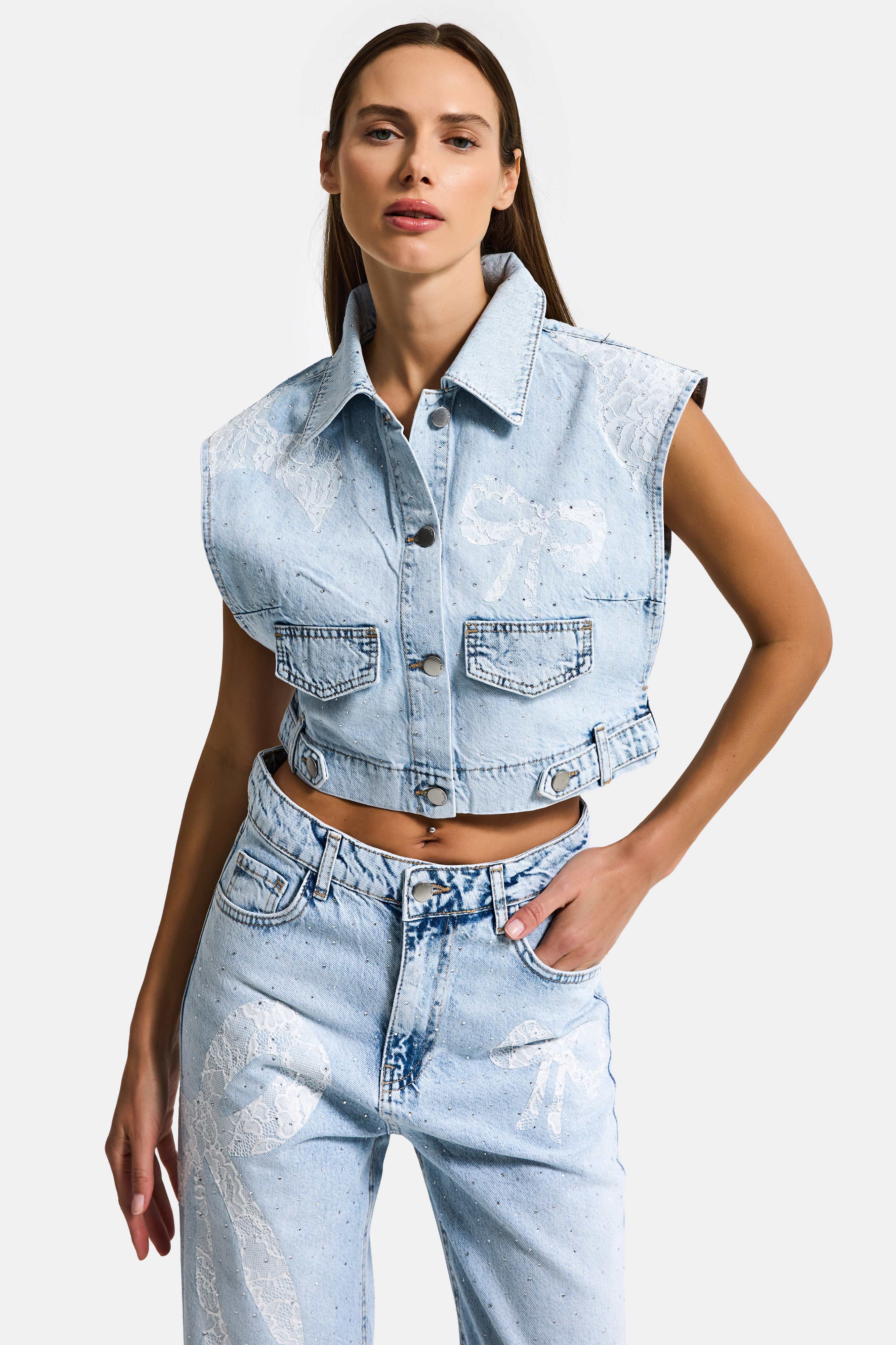 Kadın Ice T-3s6-3 Crop Fit Dantel ve Taş Detaylı Tasarım Denim Yelek