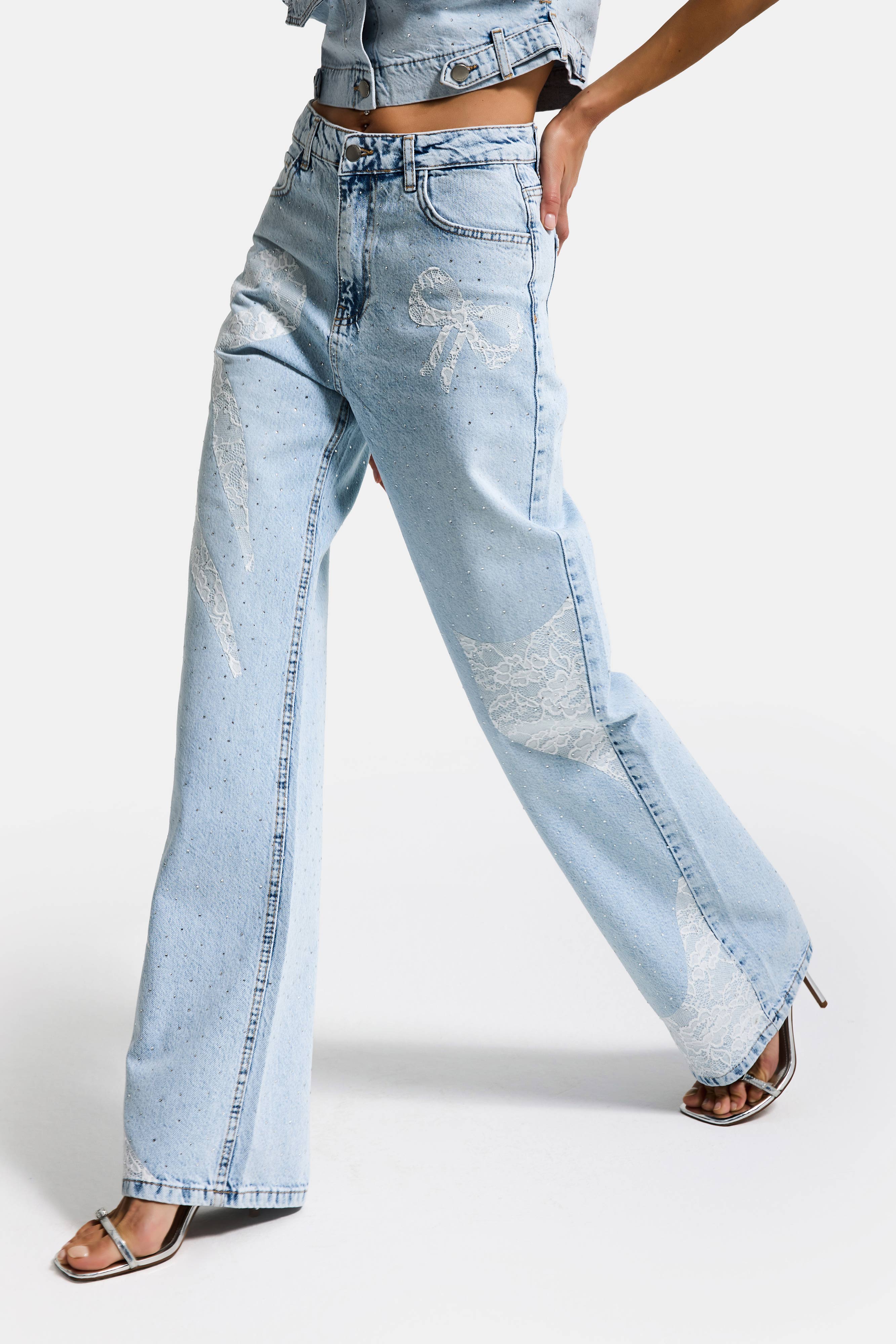 Kadın Ice T-4s6-3 Straight Fit Taş ve Dantel Detaylı Özel Tasarım Denim Jean