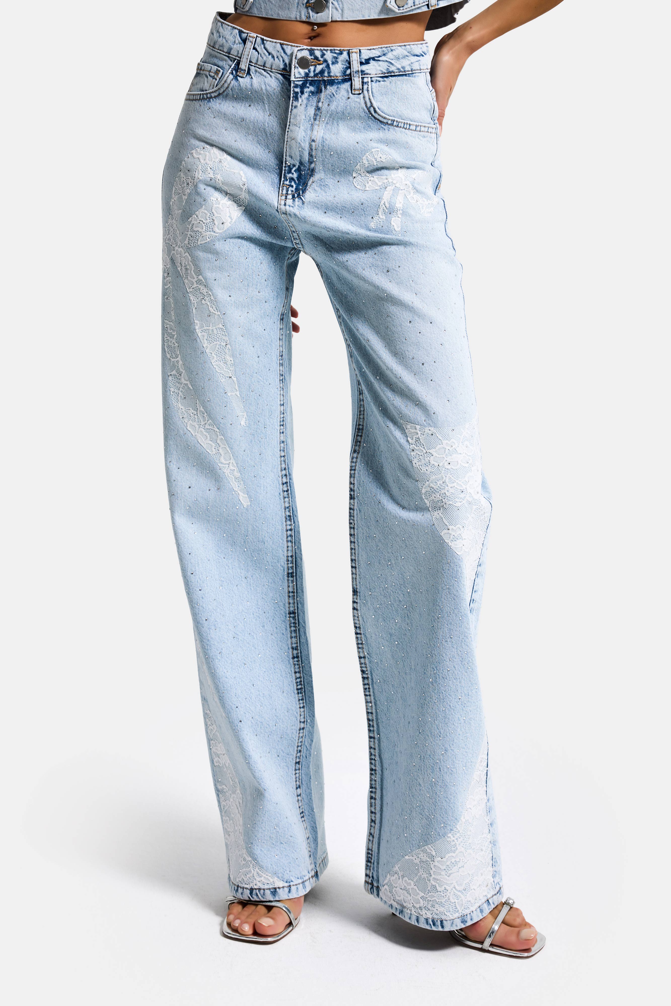 Kadın Ice T-4s6-3 Straight Fit Taş ve Dantel Detaylı Özel Tasarım Denim Jean