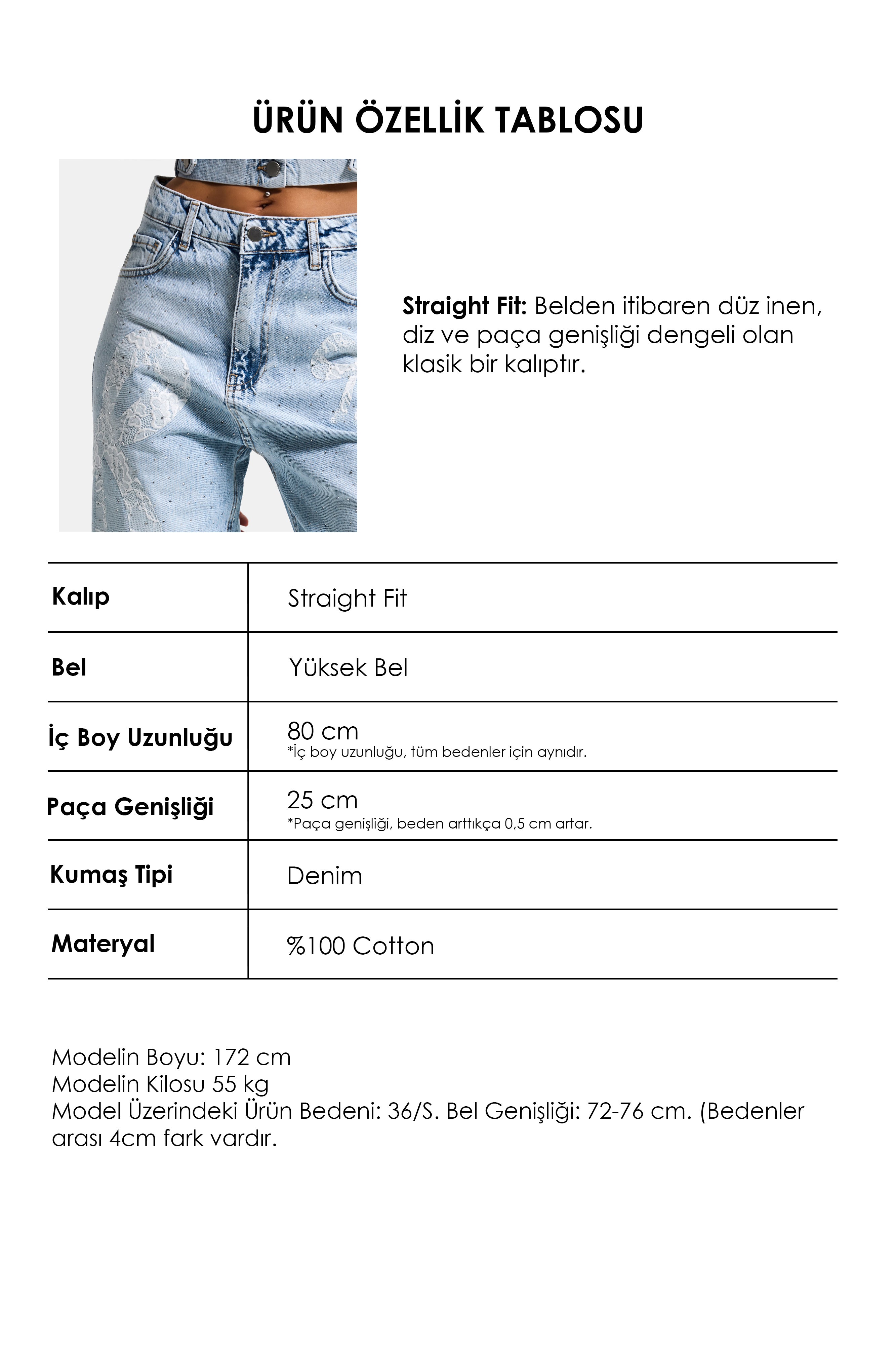 Kadın Ice T-4s6-3 Straight Fit Taş ve Dantel Detaylı Özel Tasarım Denim Jean