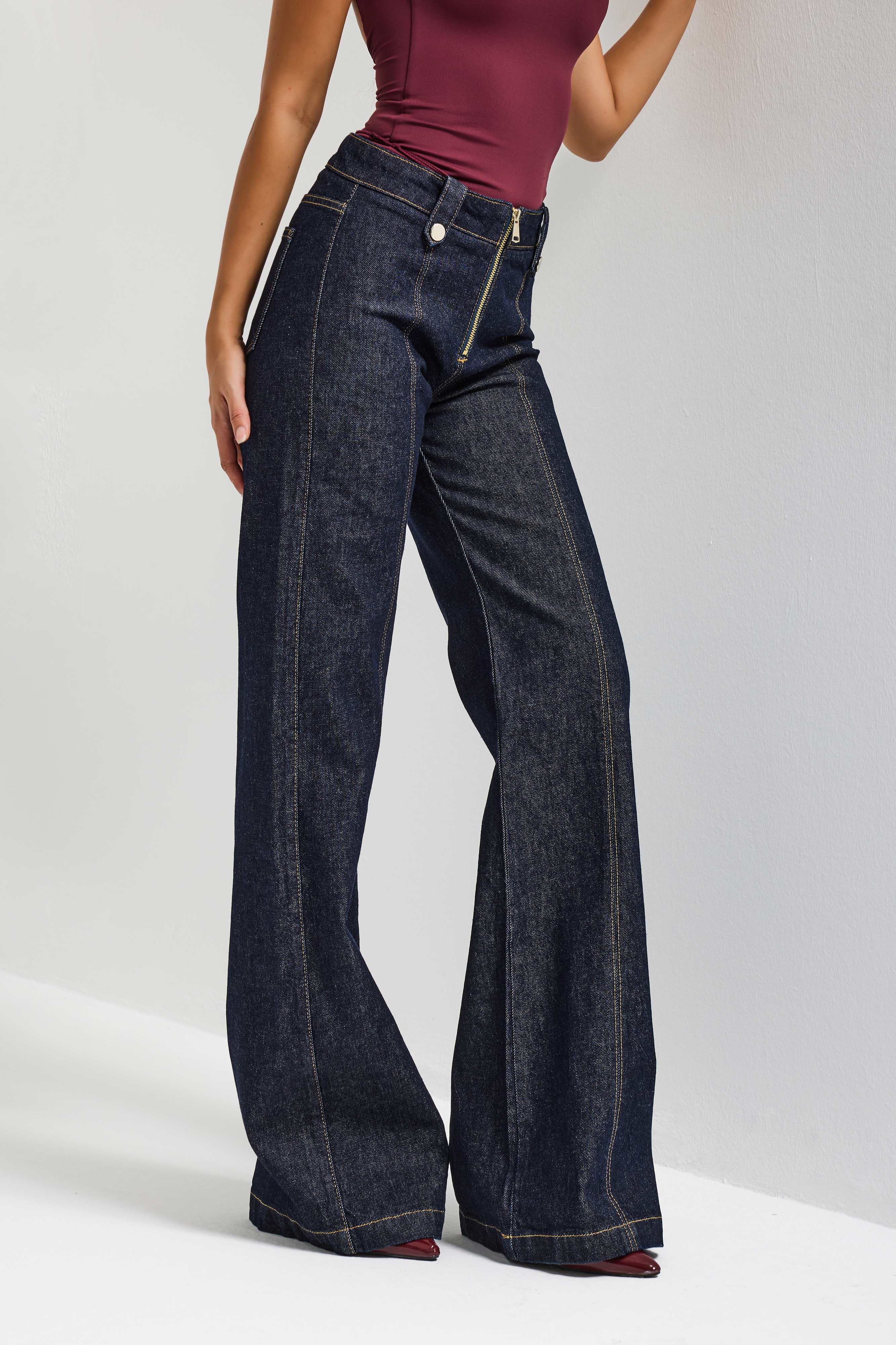 Kadın İndigo 7s6-50 Flare Fit Fermuar Kemer Detaylı Elastan Kumaş Denim Jean