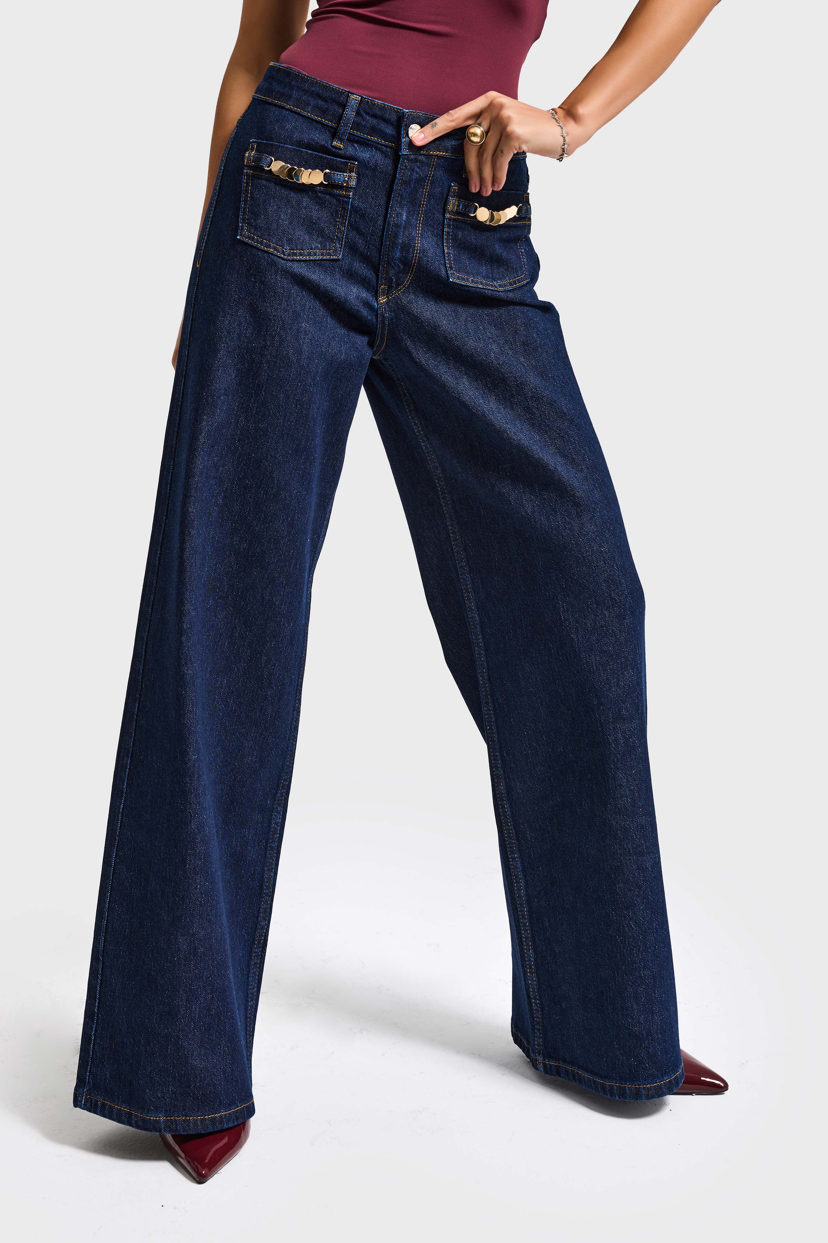 Kadın İndigo 7s6-50 Midrise Wide Leg Fit Viskon Kumaş Aksesuar Detaylı Denim Jean