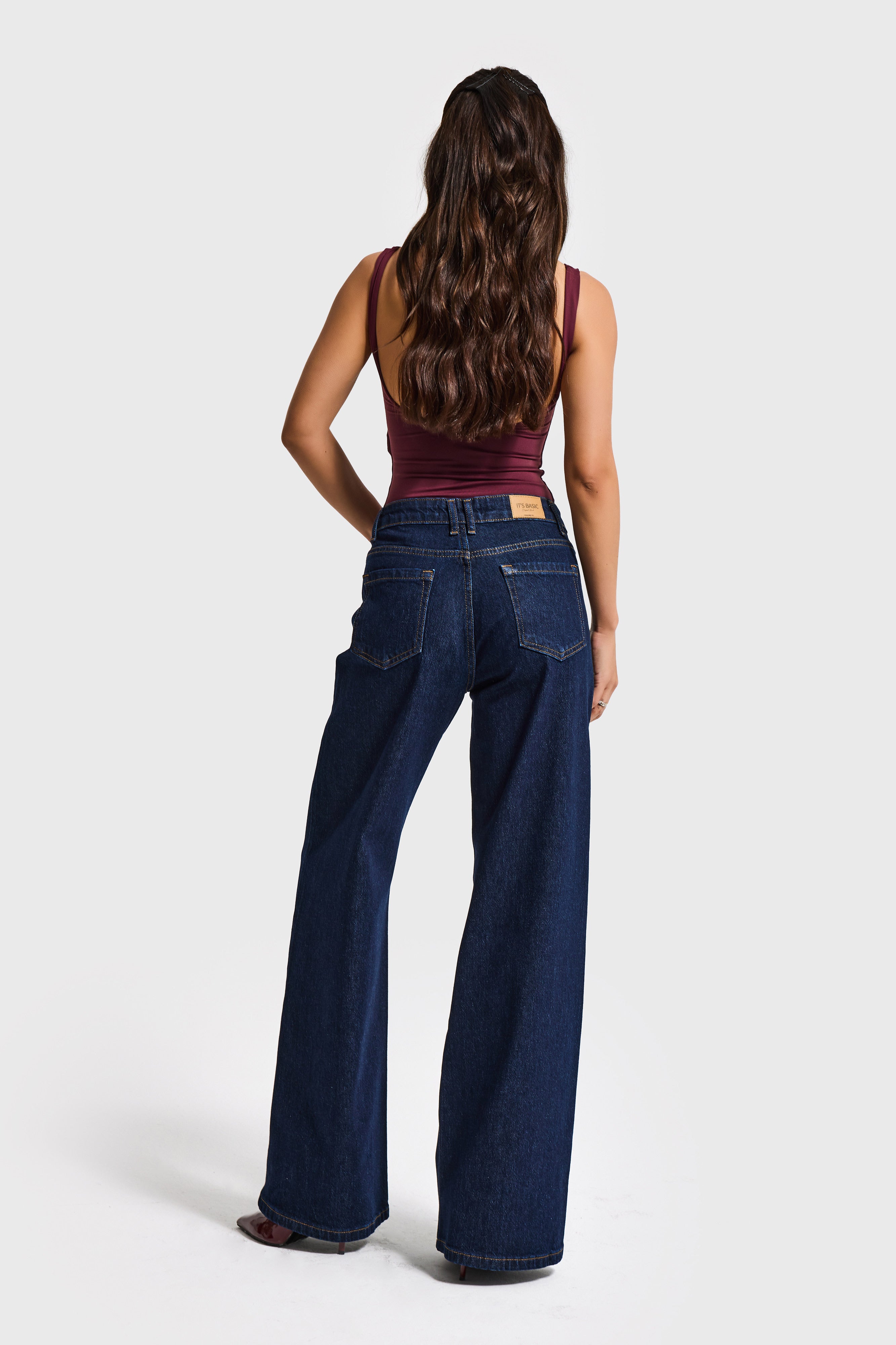 Kadın İndigo 7s6-50 Midrise Wide Leg Fit Viskon Kumaş Aksesuar Detaylı Denim Jean