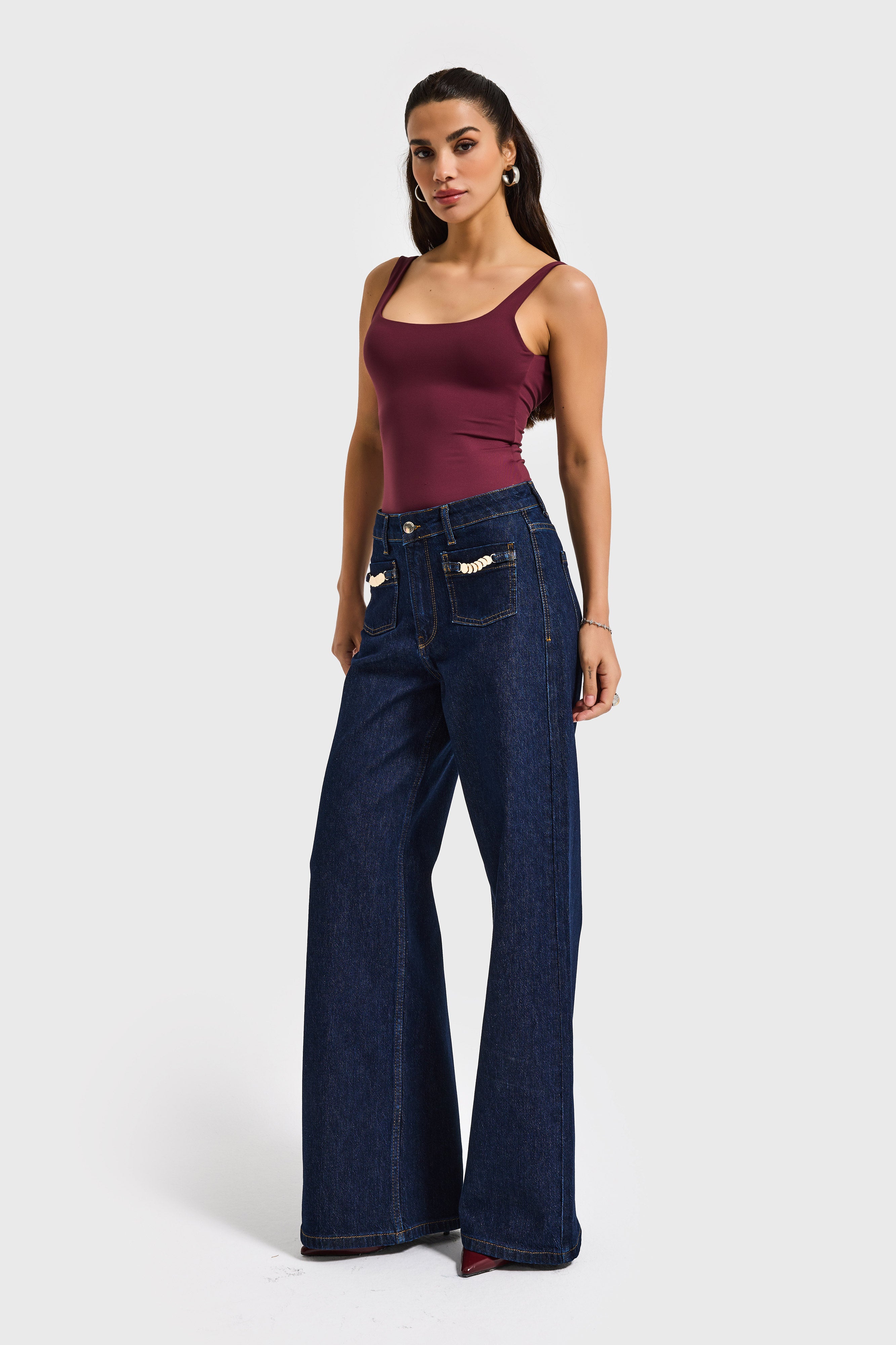 Kadın İndigo 7s6-50 Midrise Wide Leg Fit Viskon Kumaş Aksesuar Detaylı Denim Jean