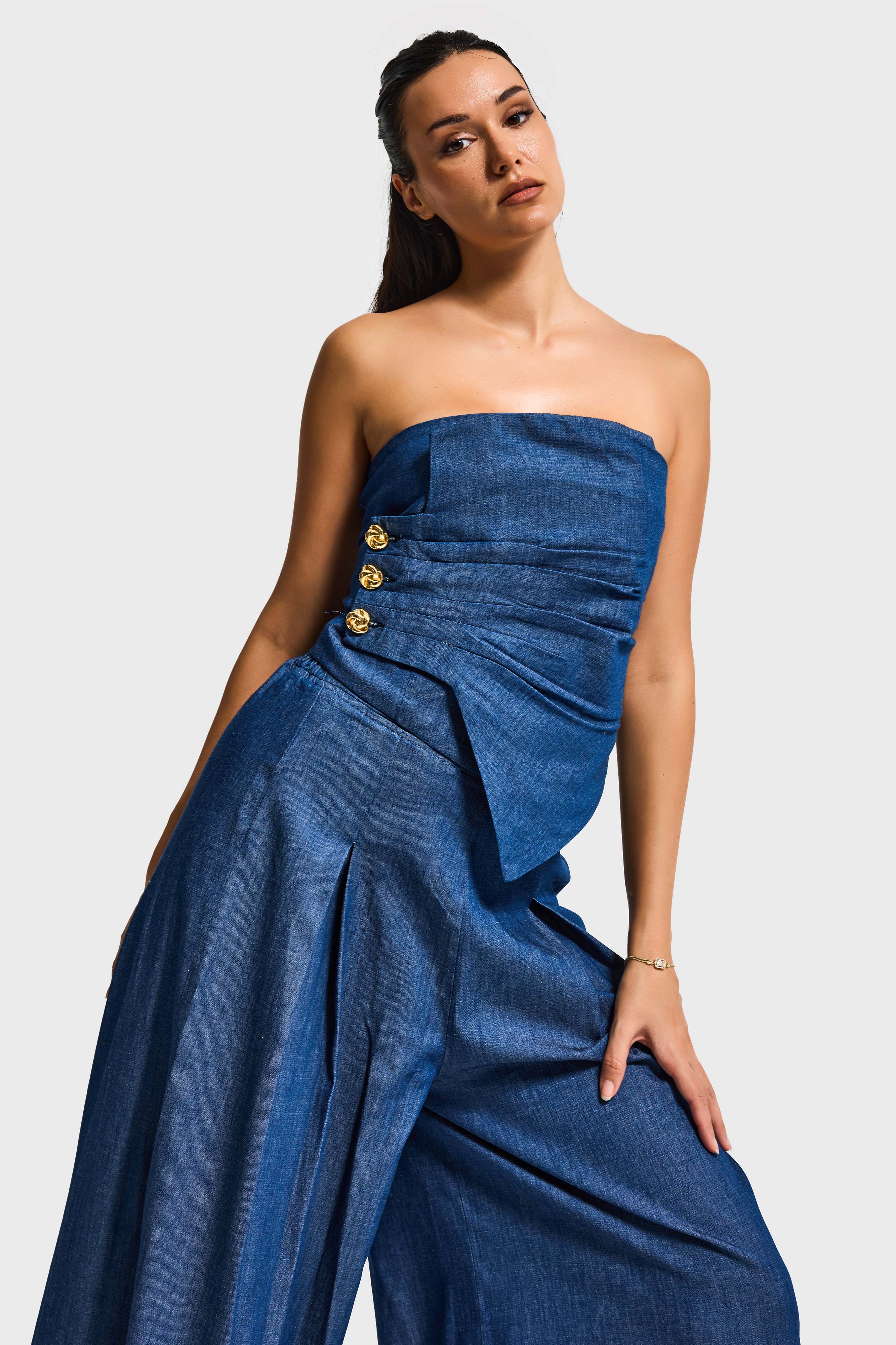 Kadın İndigo 7s6-50 Straplez Düğme Detaylı Elastan Kumaş Tasarım Büstiyer