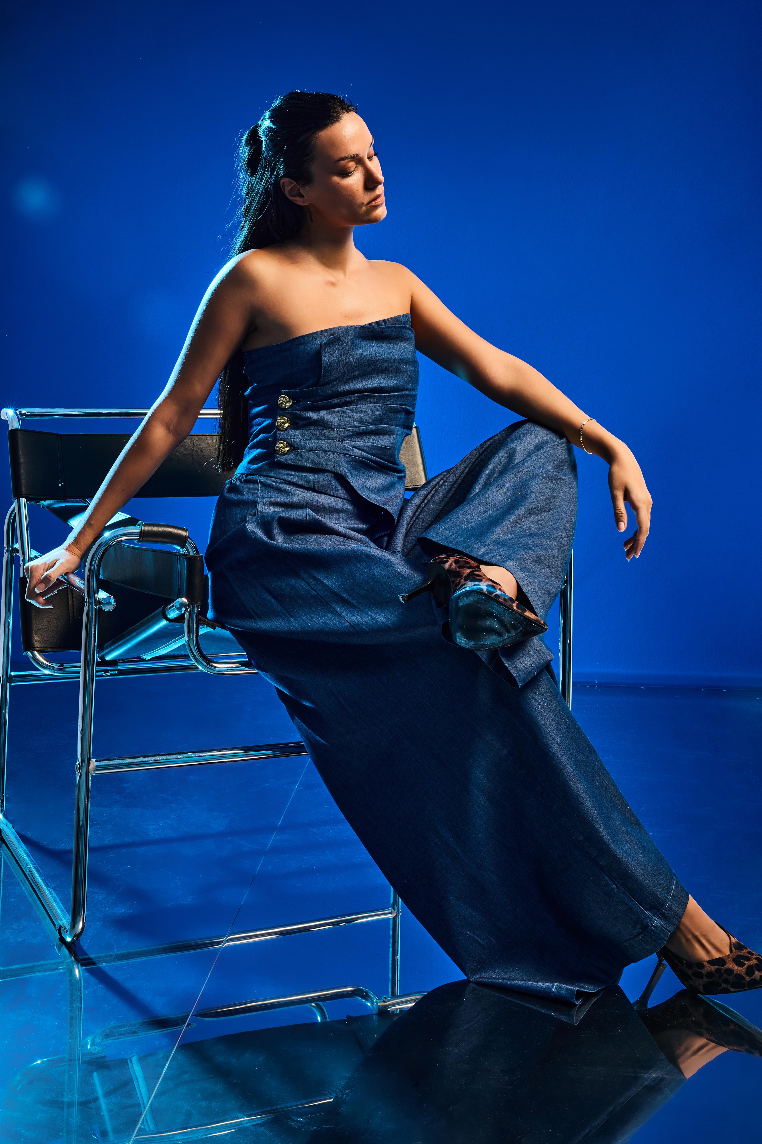 Kadın İndigo 7s6-50 Straplez Düğme Detaylı Elastan Kumaş Tasarım Büstiyer