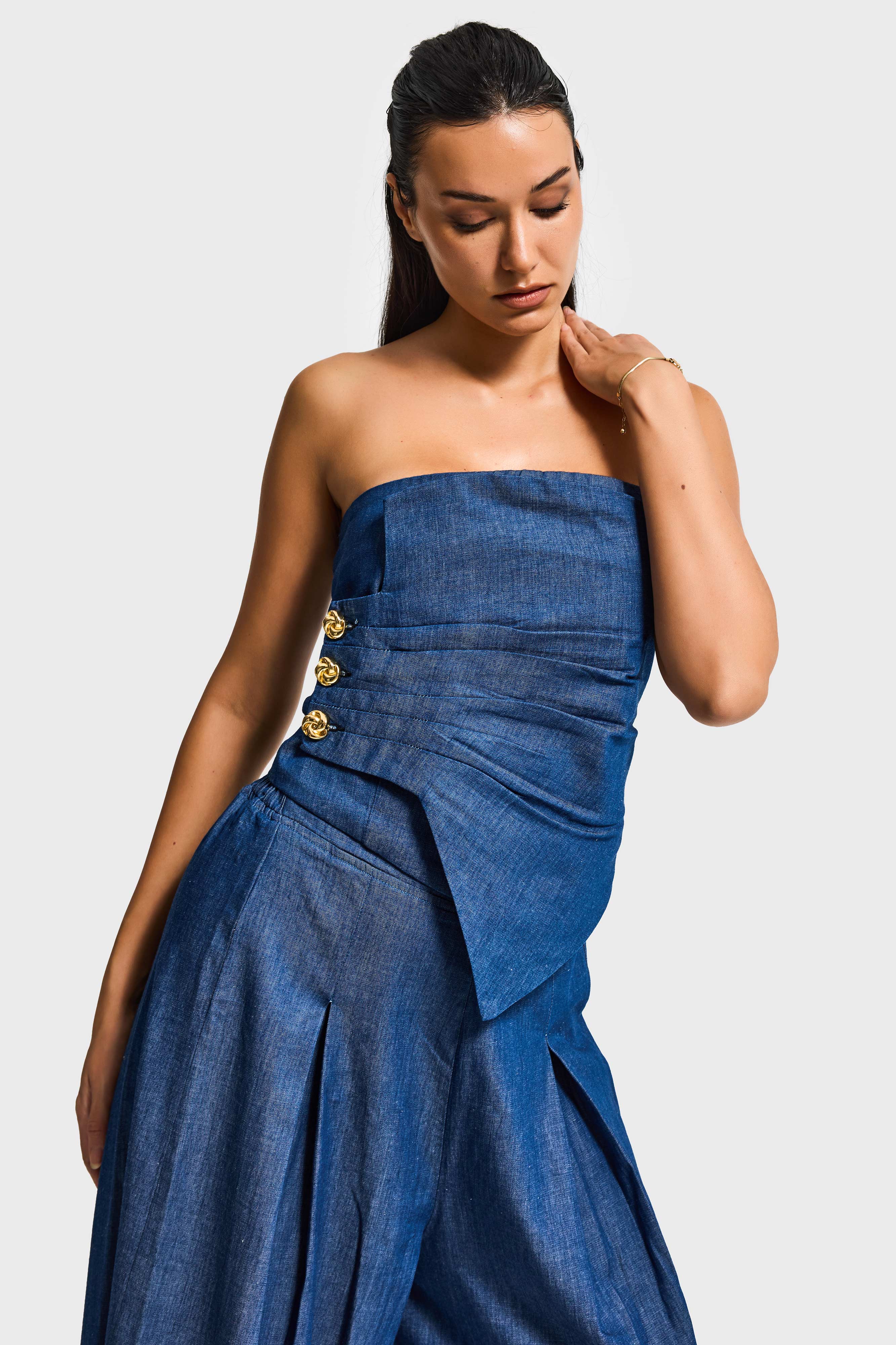 Kadın İndigo 7s6-50 Straplez Düğme Detaylı Elastan Kumaş Tasarım Büstiyer