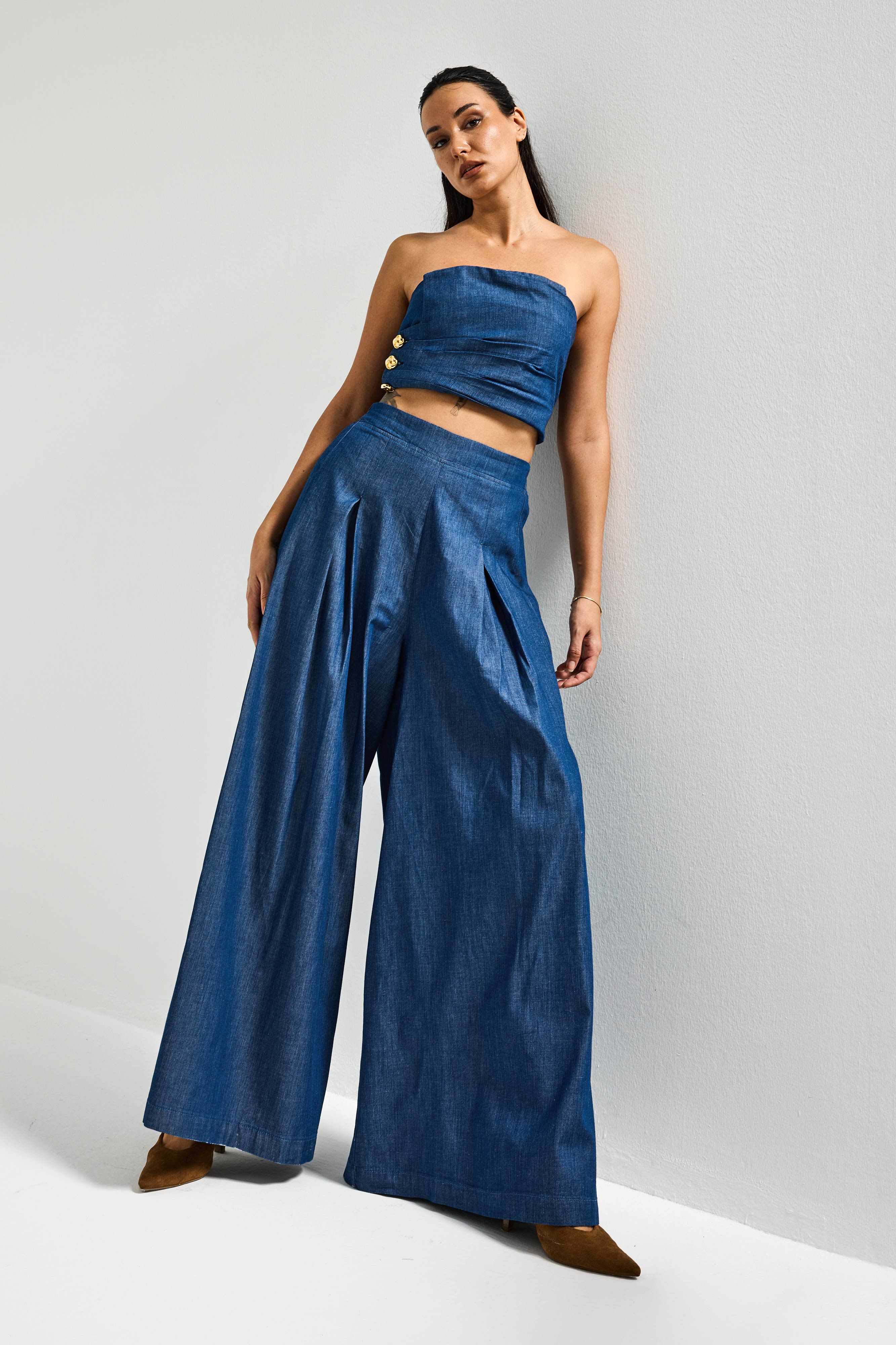 Kadın İndigo 7s6-50 Süper Palazzo Elastan Kumaş Denim Pantolon