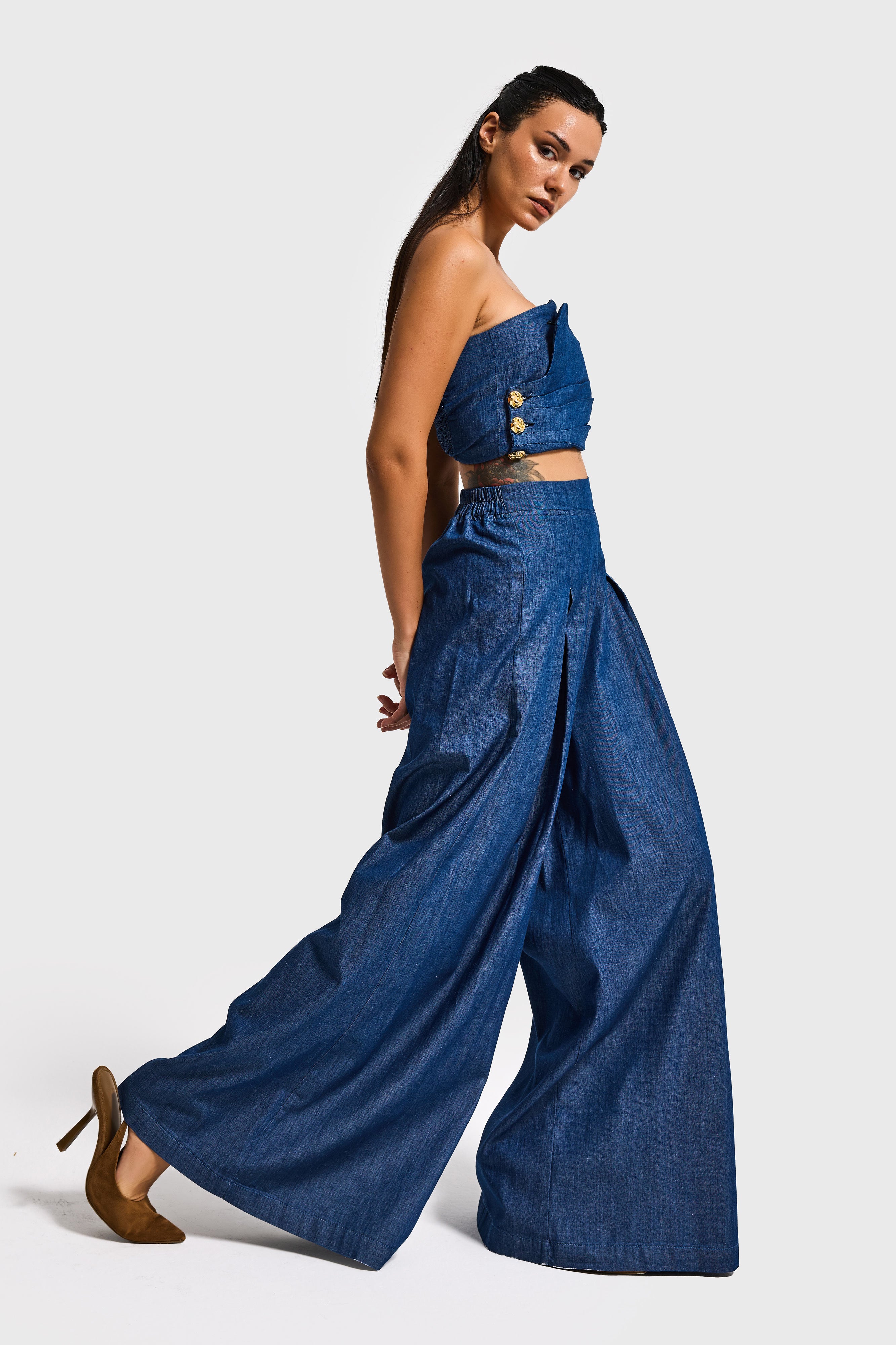 Kadın İndigo 7s6-50 Süper Palazzo Elastan Kumaş Denim Pantolon