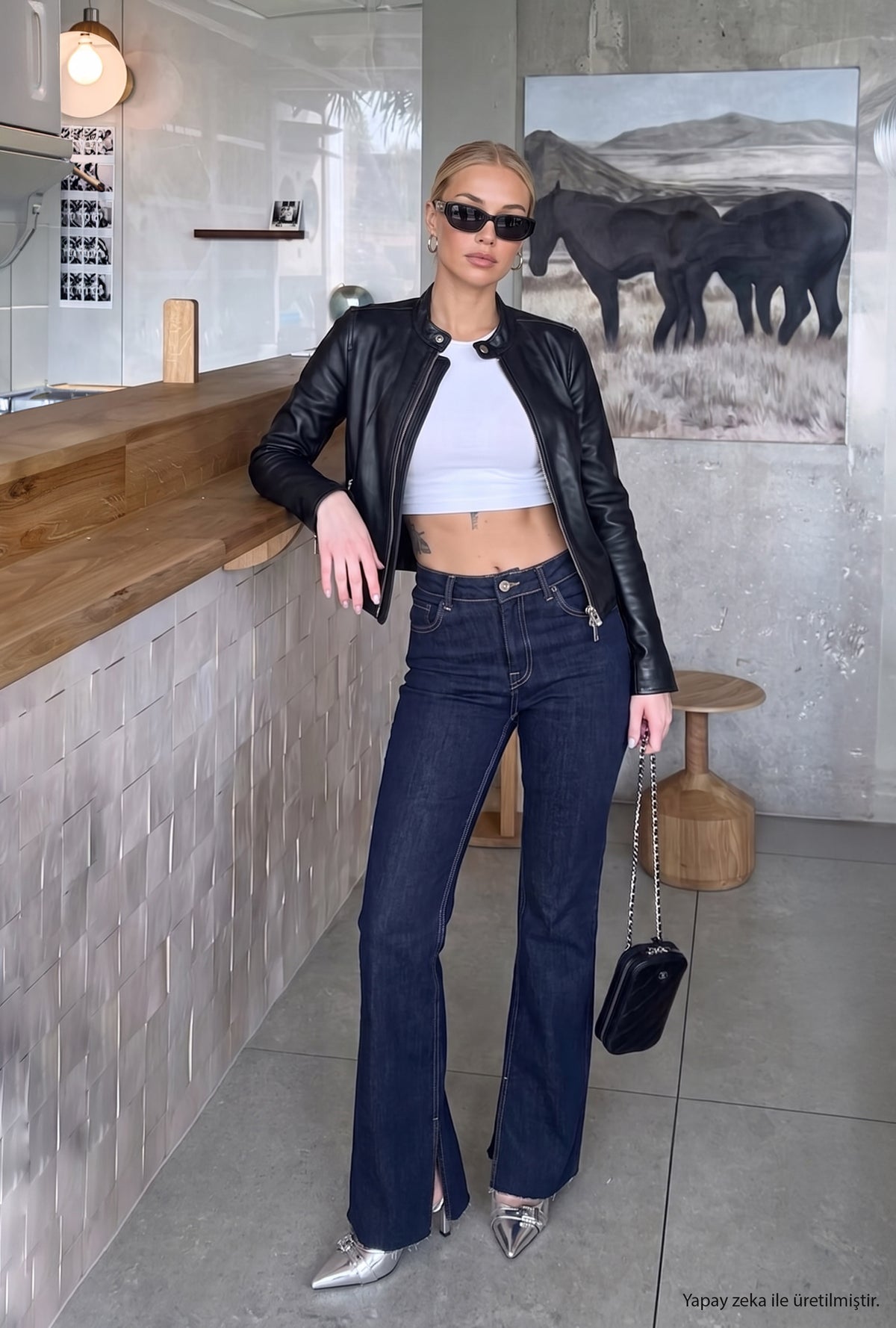 Kadın İndigo 7w6-50 Slim Flare Fit Yırtmaçlı Paça Denim Jean