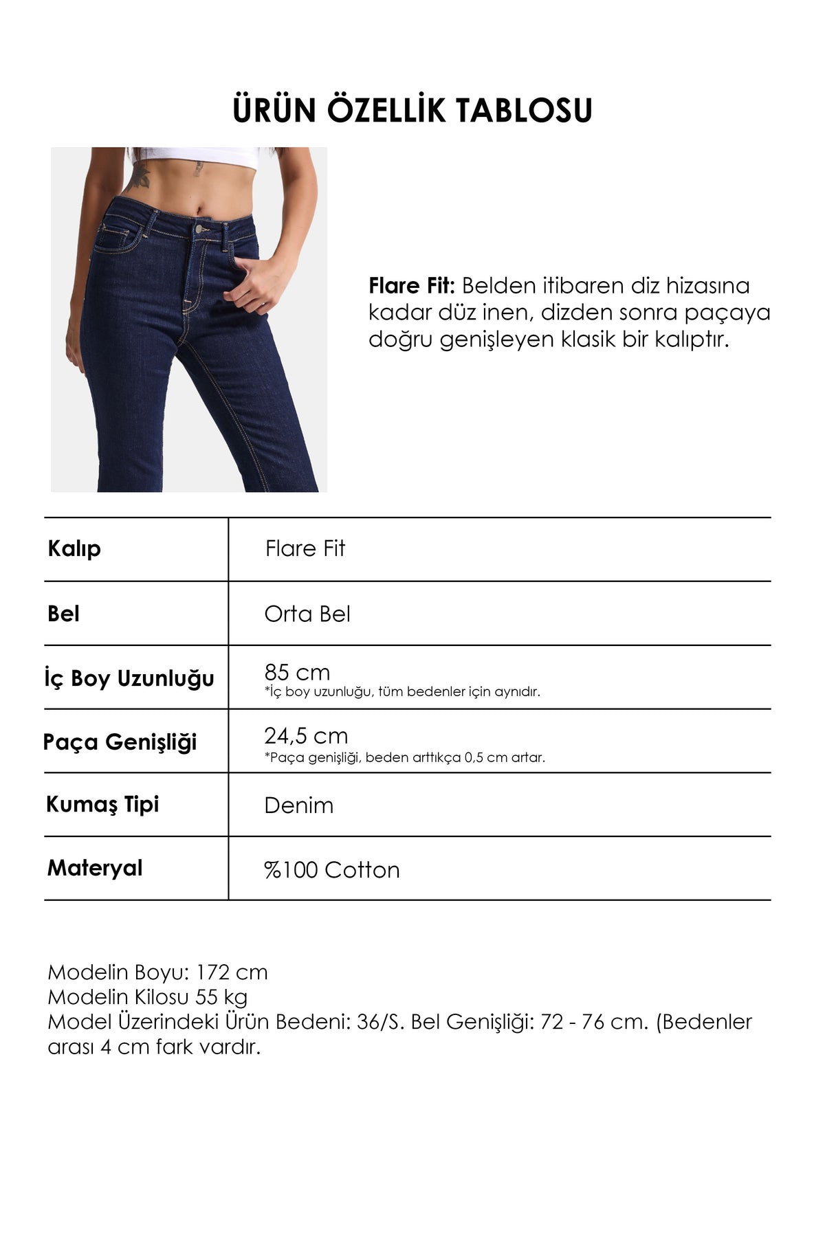 Kadın İndigo 7w6-50 Slim Flare Fit Yırtmaçlı Paça Denim Jean