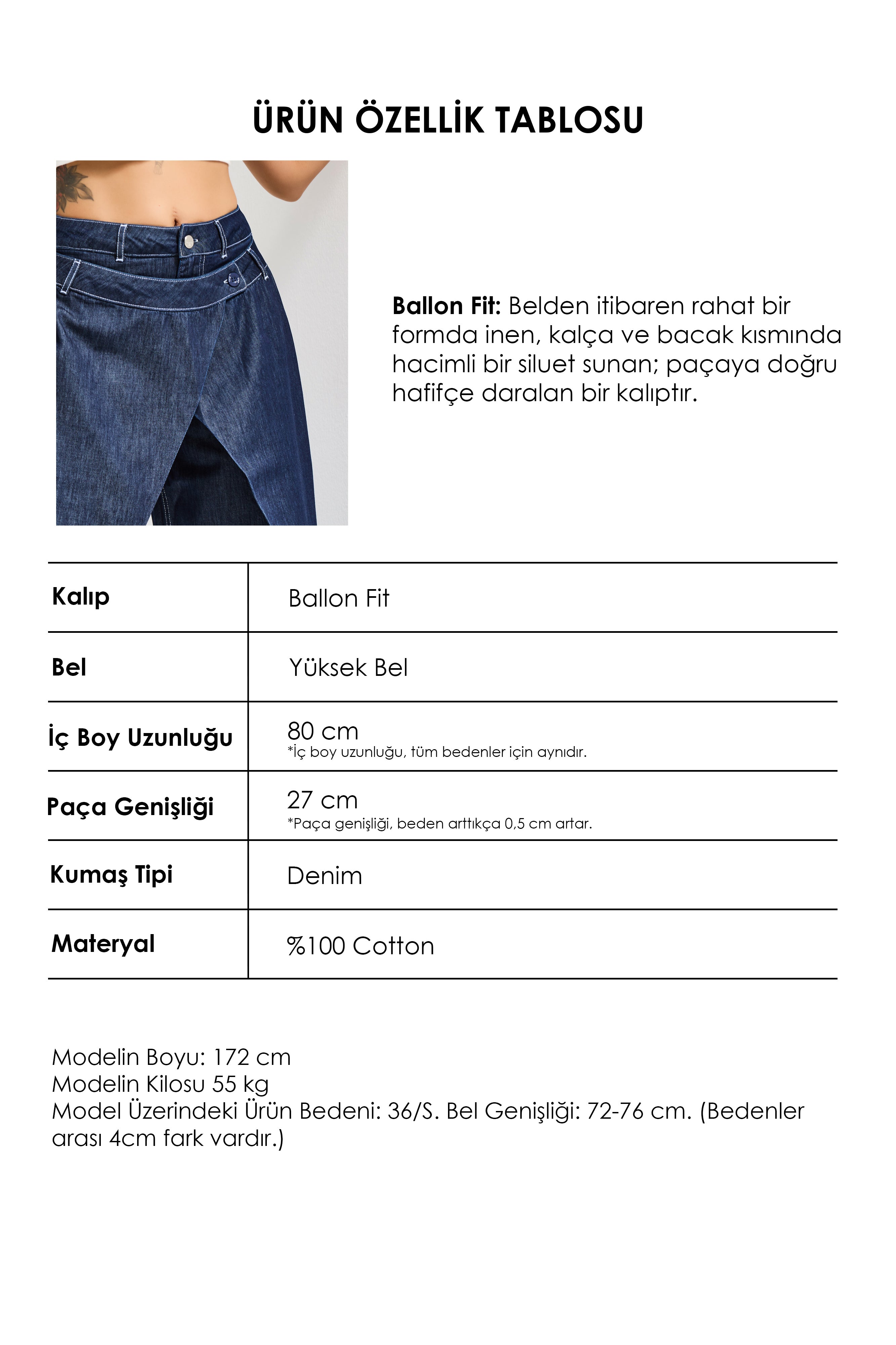 Kadın İndigo Bol Kesim Balon Fit Çift Pantolon Detaylı Özel Tasarım Denim Jean