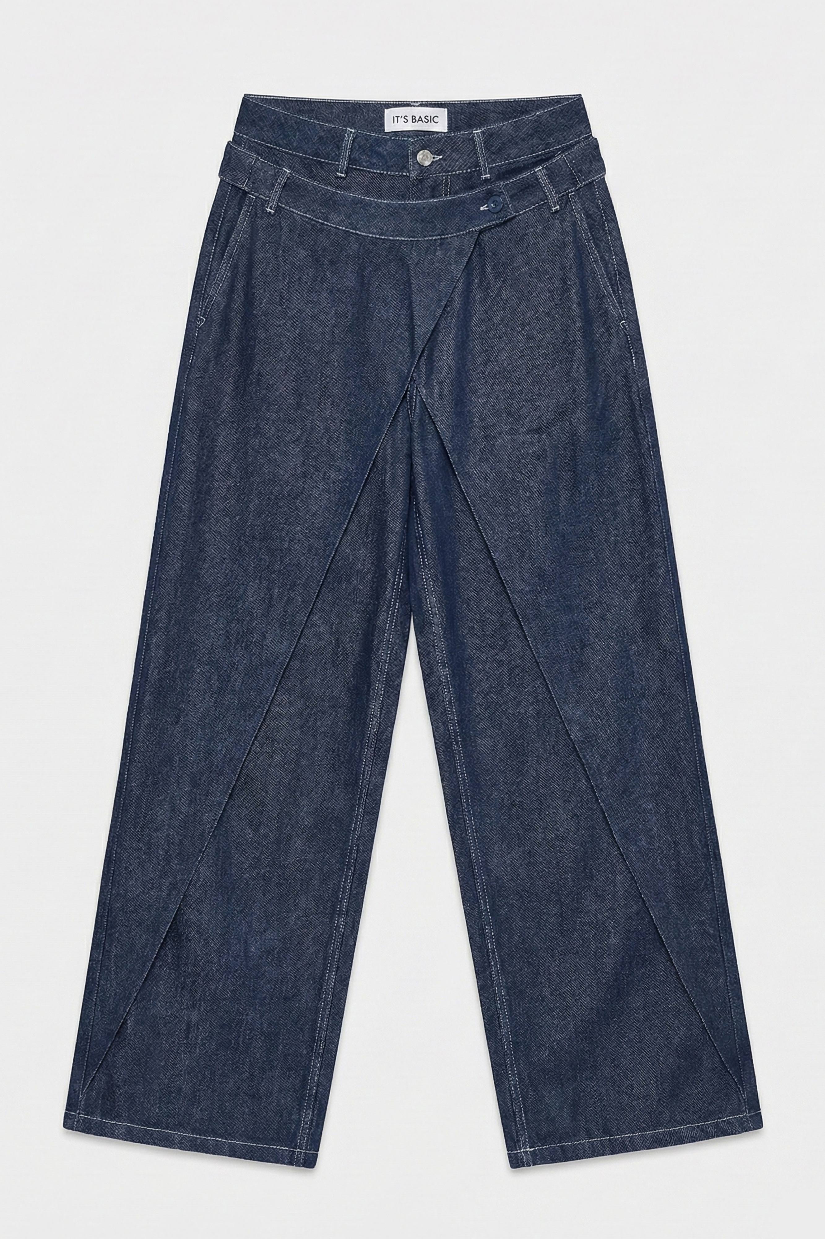 Kadın İndigo Bol Kesim Balon Fit Çift Pantolon Detaylı Özel Tasarım Denim Jean