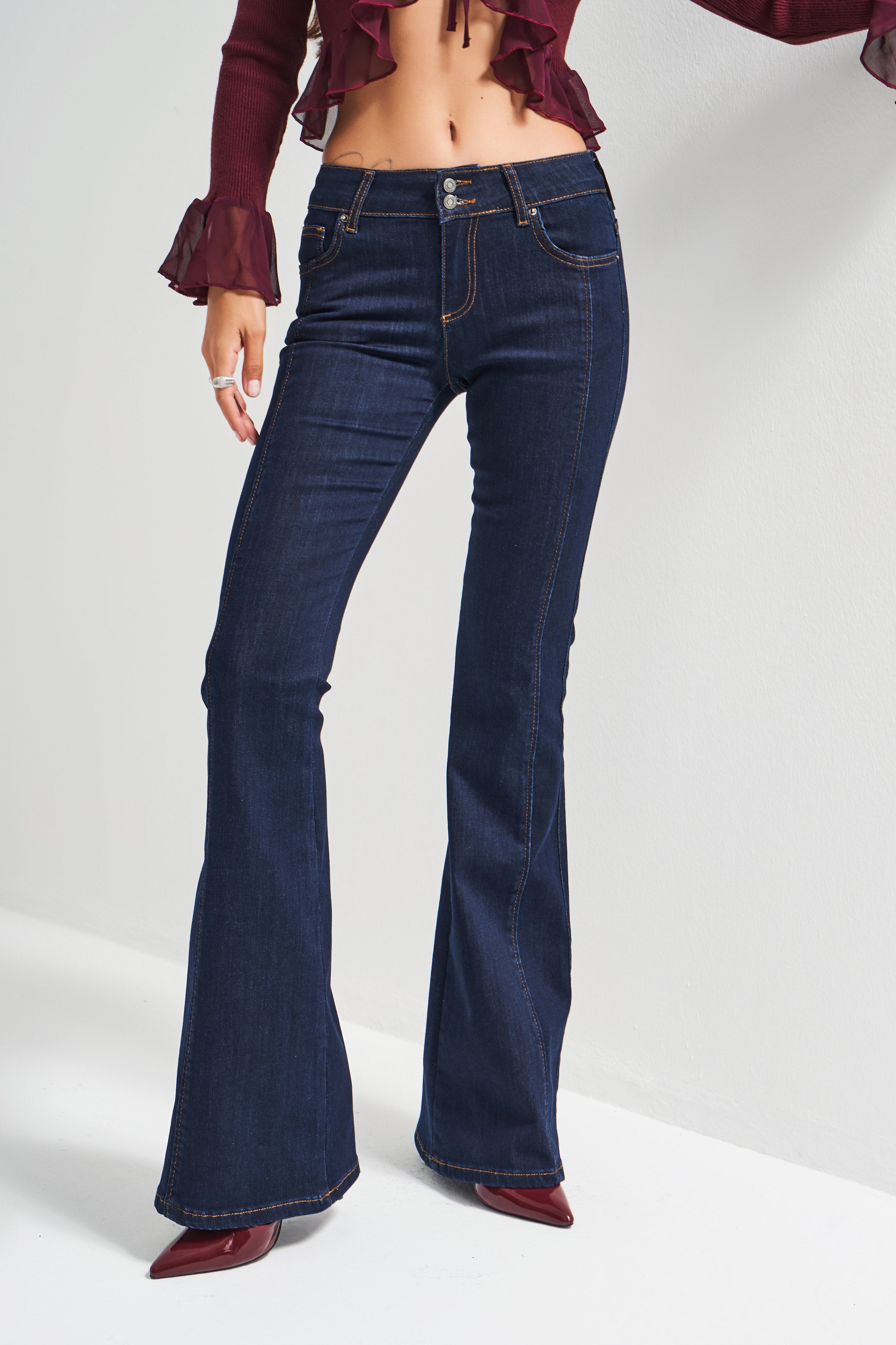 Kadın İndigo Renk 7w5-50 Midrise Flare Fit Esnek Elastan Kumaş Orta Bel Denim Jean