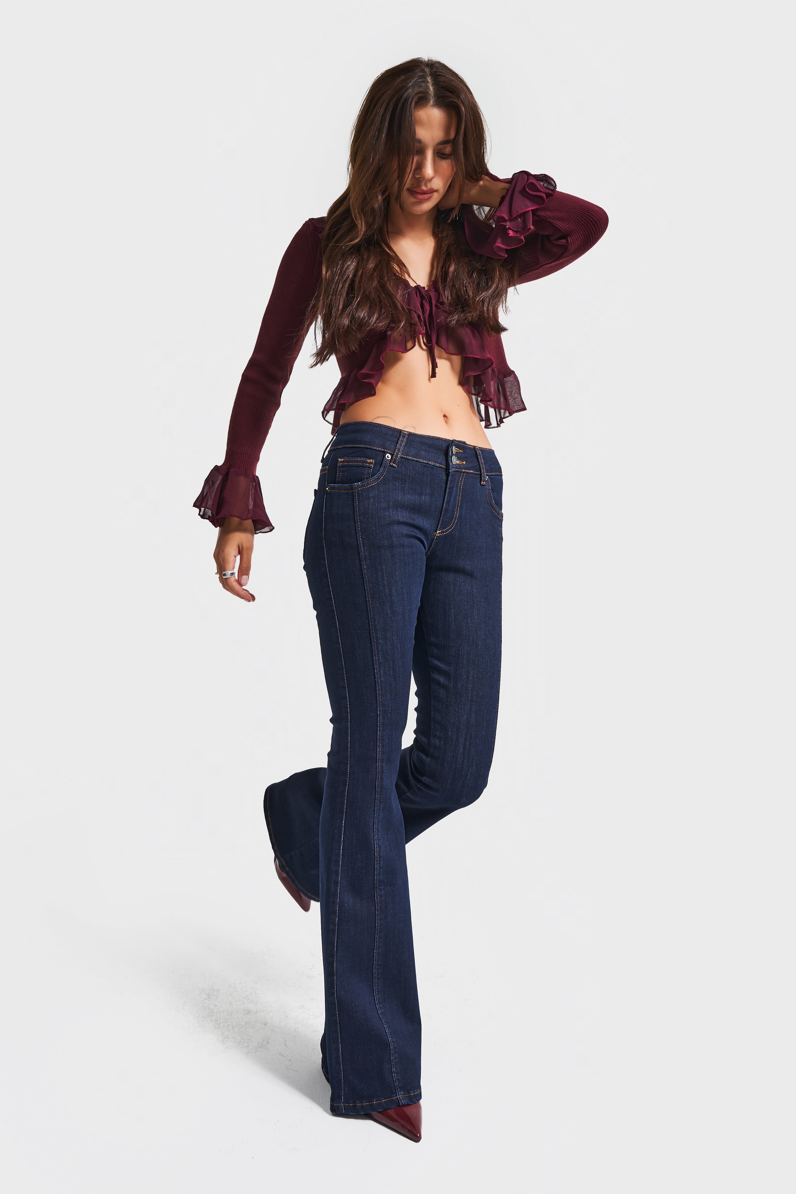 Kadın İndigo Renk 7w5-50 Midrise Flare Fit Esnek Elastan Kumaş Orta Bel Denim Jean