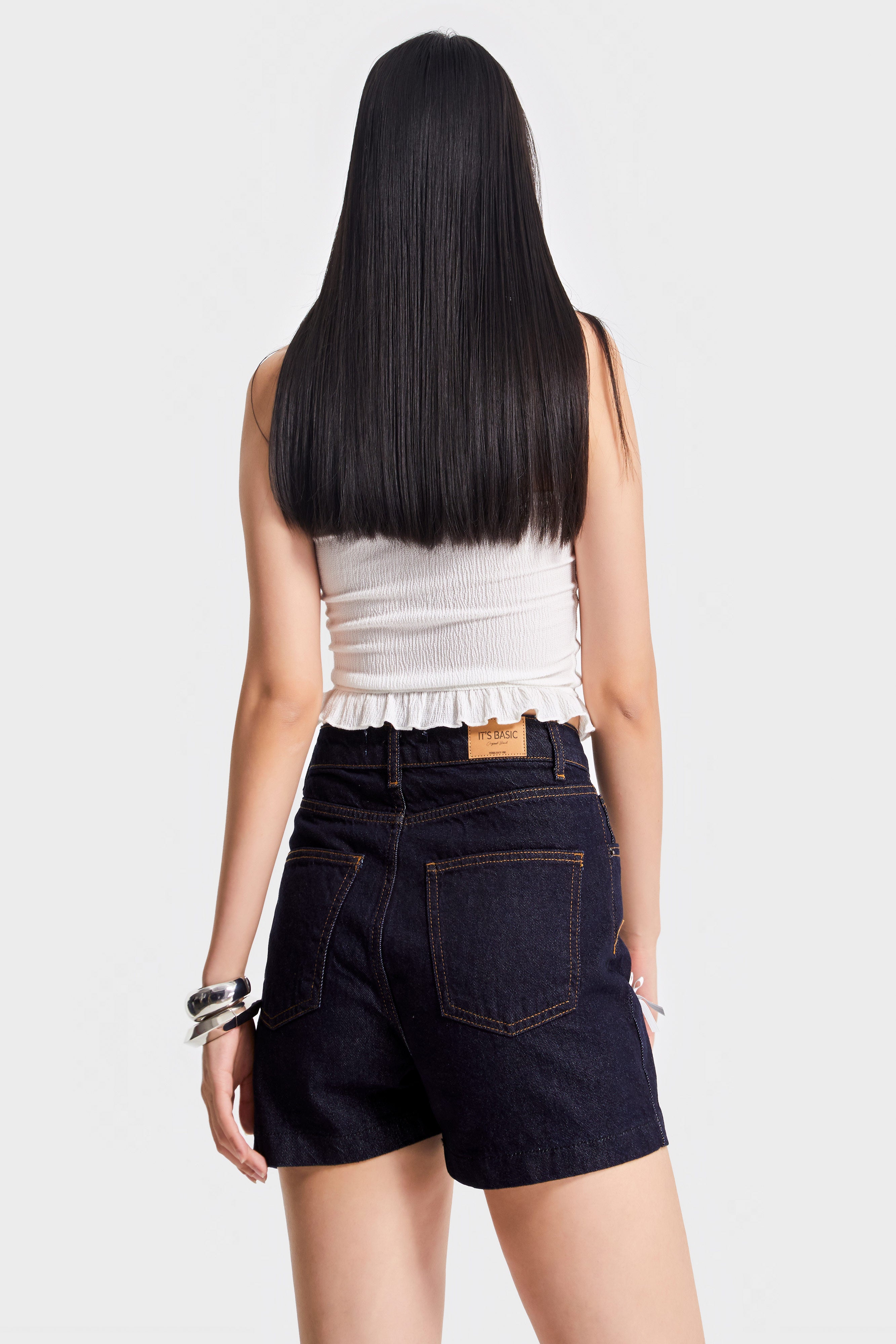 Kadın İndigo Renk 7s5-35 Midi Boy Fiyonk Detaylı %100 Koton Yüksek Bel Tasarım Denim Şort