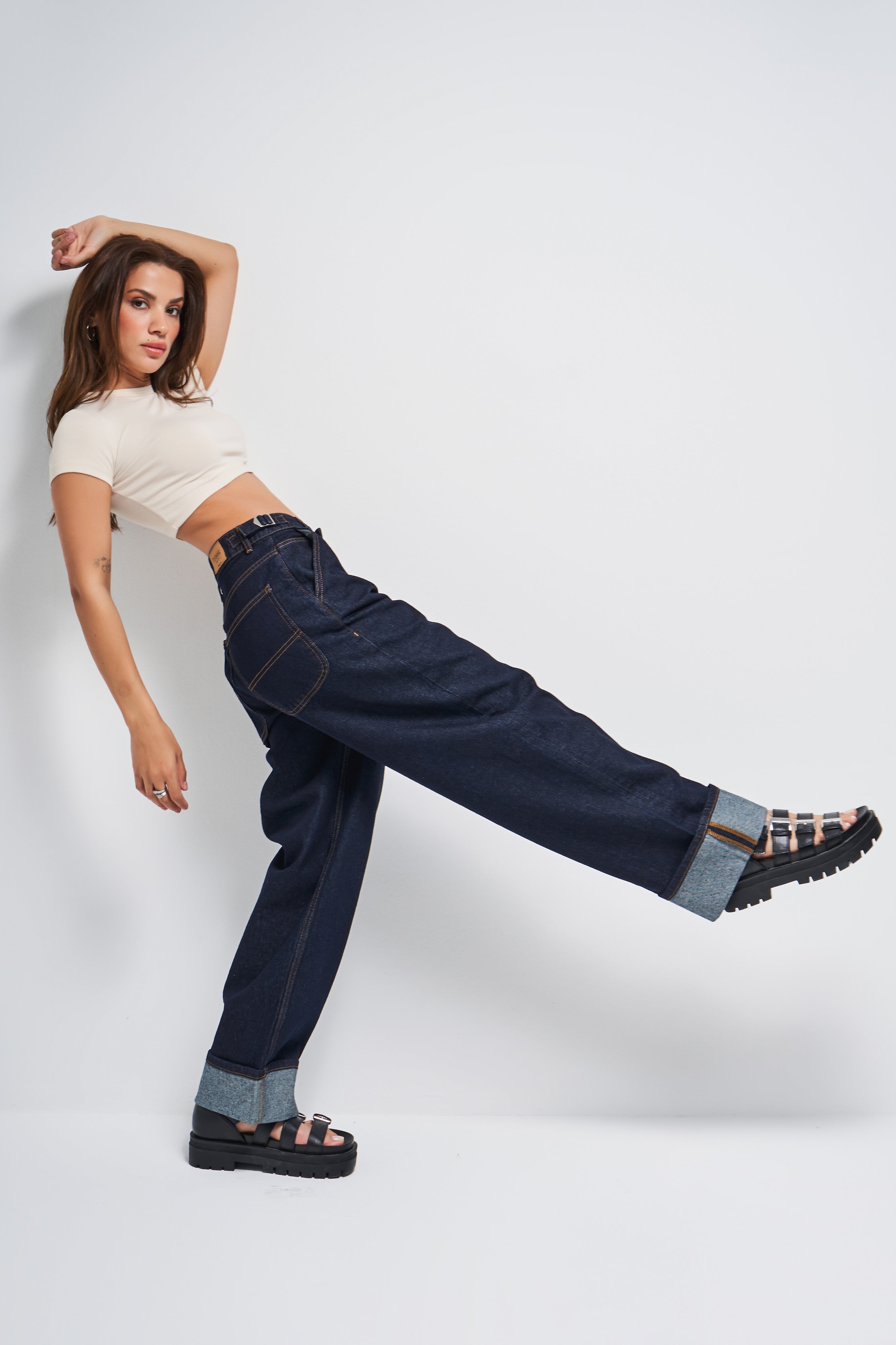 Kadın İndigo Renk 7s5-50 Baggy Loose Fit Bol Kesim Paça Detaylı %100 Koton Denim Jean