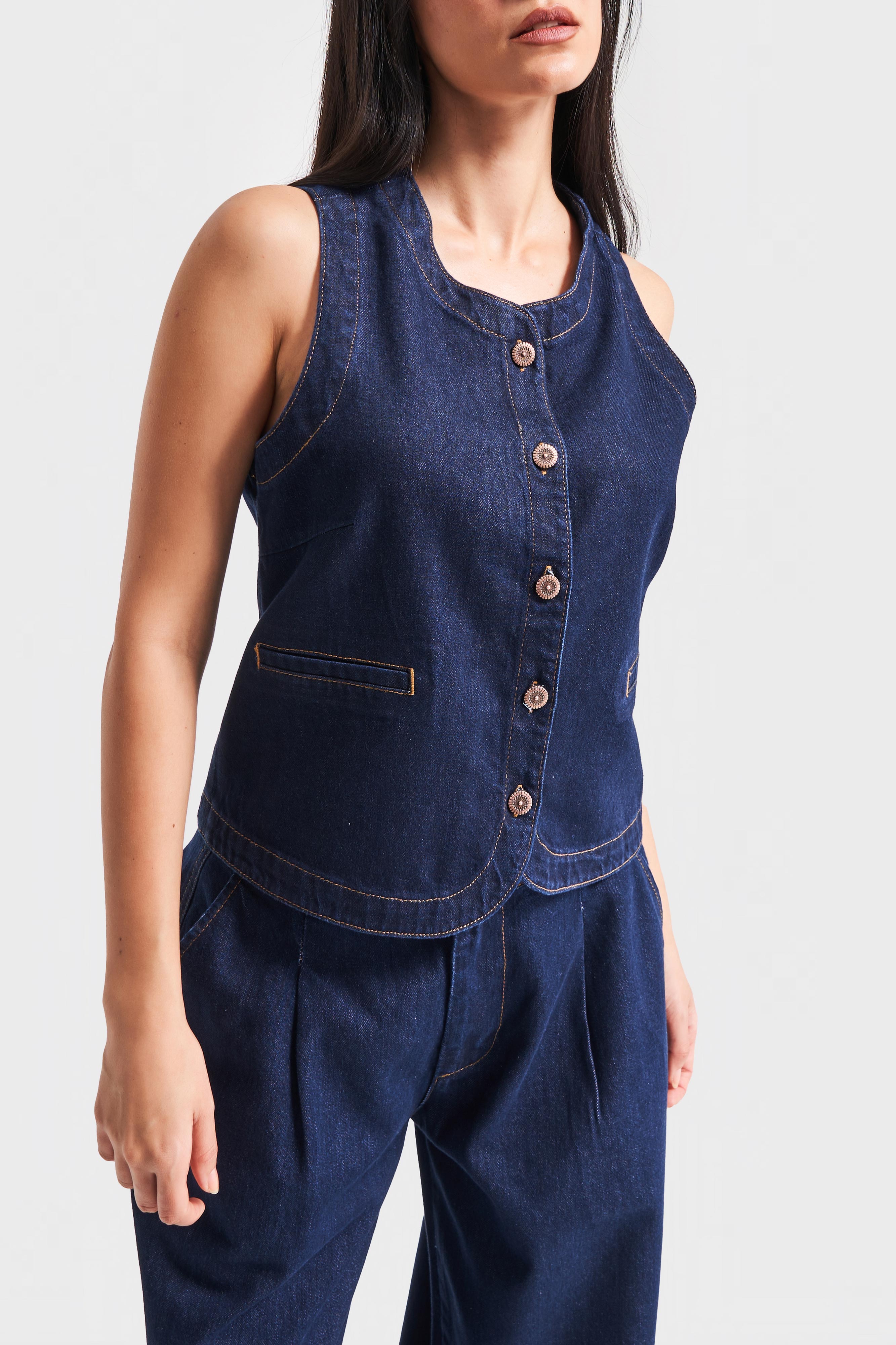 Kadın İndigo Renk 7s5-50 Kemer Boy Önü Düğmeli %100 Koton Sıfır Kol Denim Yelek