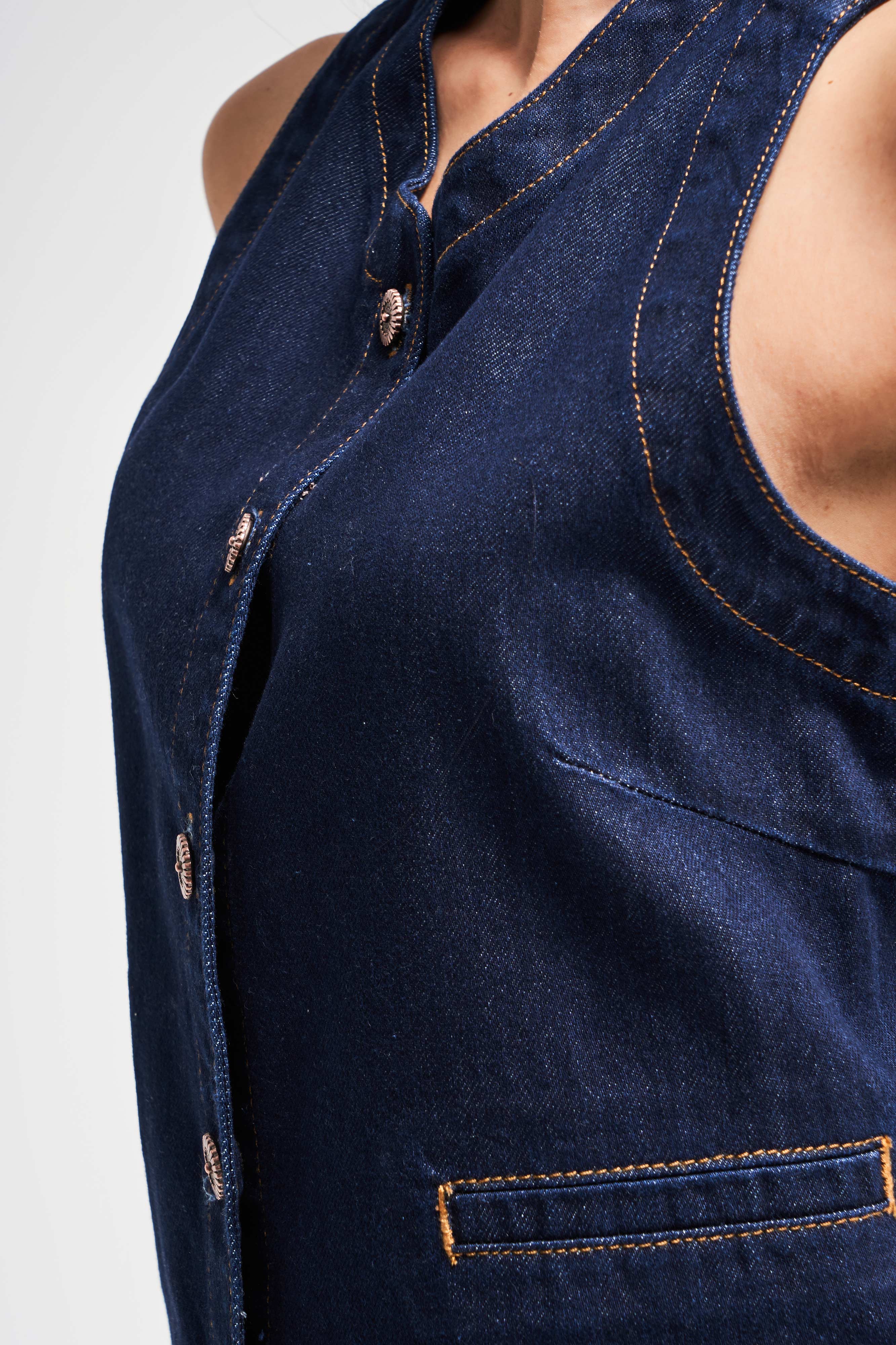 Kadın İndigo Renk 7s5-50 Kemer Boy Önü Düğmeli %100 Koton Sıfır Kol Denim Yelek