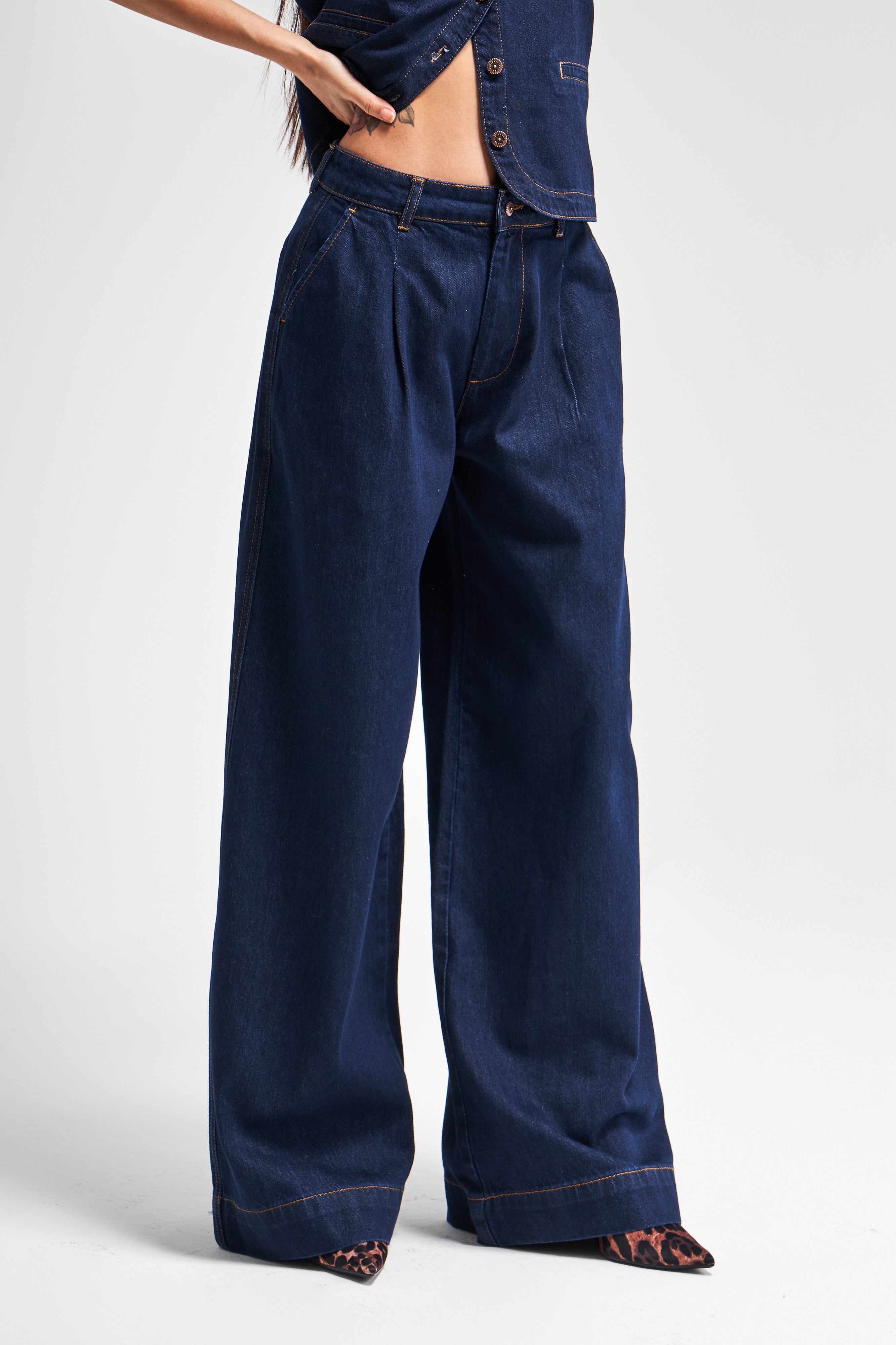 Женские джинсы-палаццо цвета индиго 7s5-50 со средней посадкой, 100% хлопок, внутренняя длина 83 см