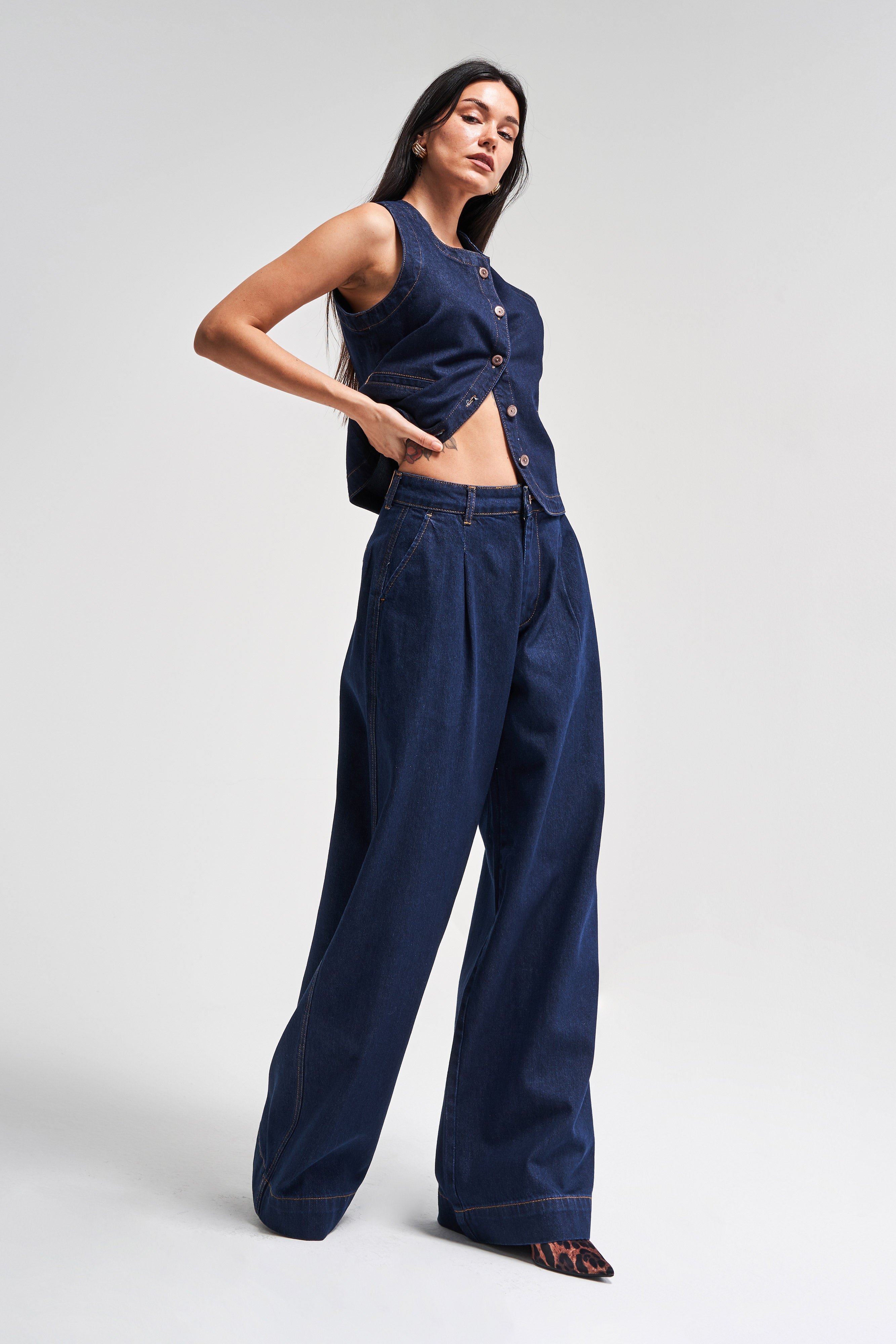 Женские джинсы-палаццо цвета индиго 7s5-50 со средней посадкой, 100% хлопок, внутренняя длина 83 см