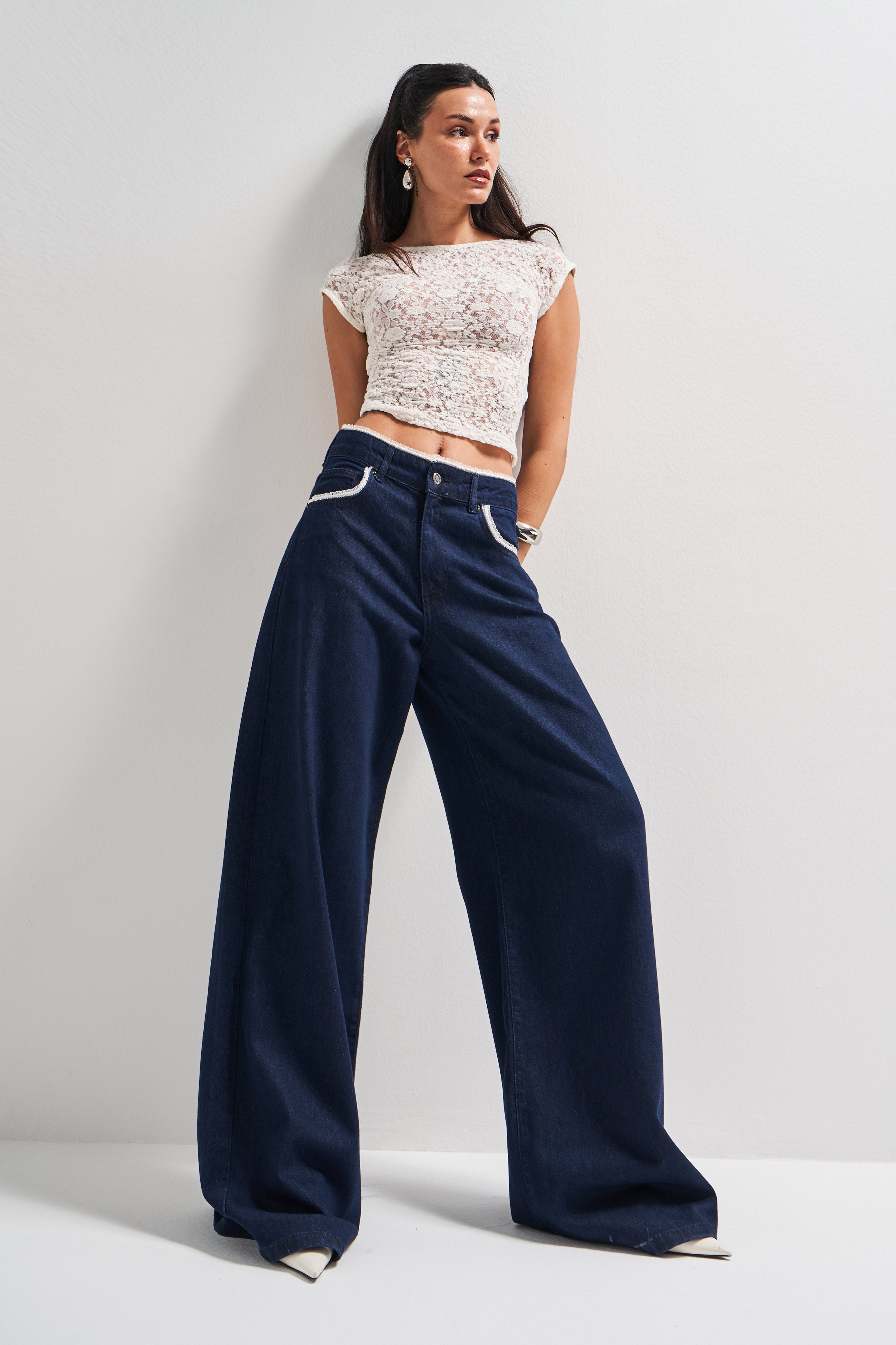 Kadın İndigo Renk 7s5-50 Palazzo Fit Dantel Detaylı %100 Koton Tasarım Denim Jean