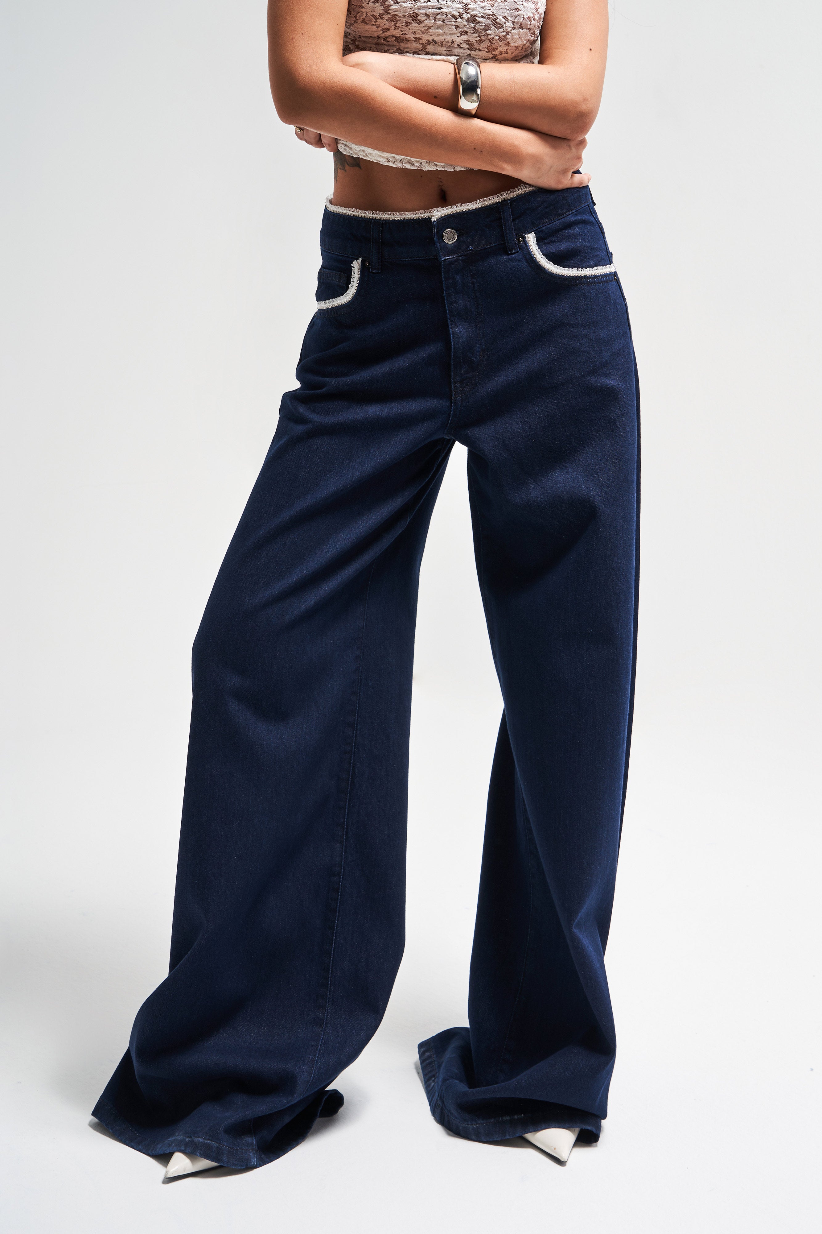 Kadın İndigo Renk 7s5-50 Palazzo Fit Dantel Detaylı %100 Koton Tasarım Denim Jean