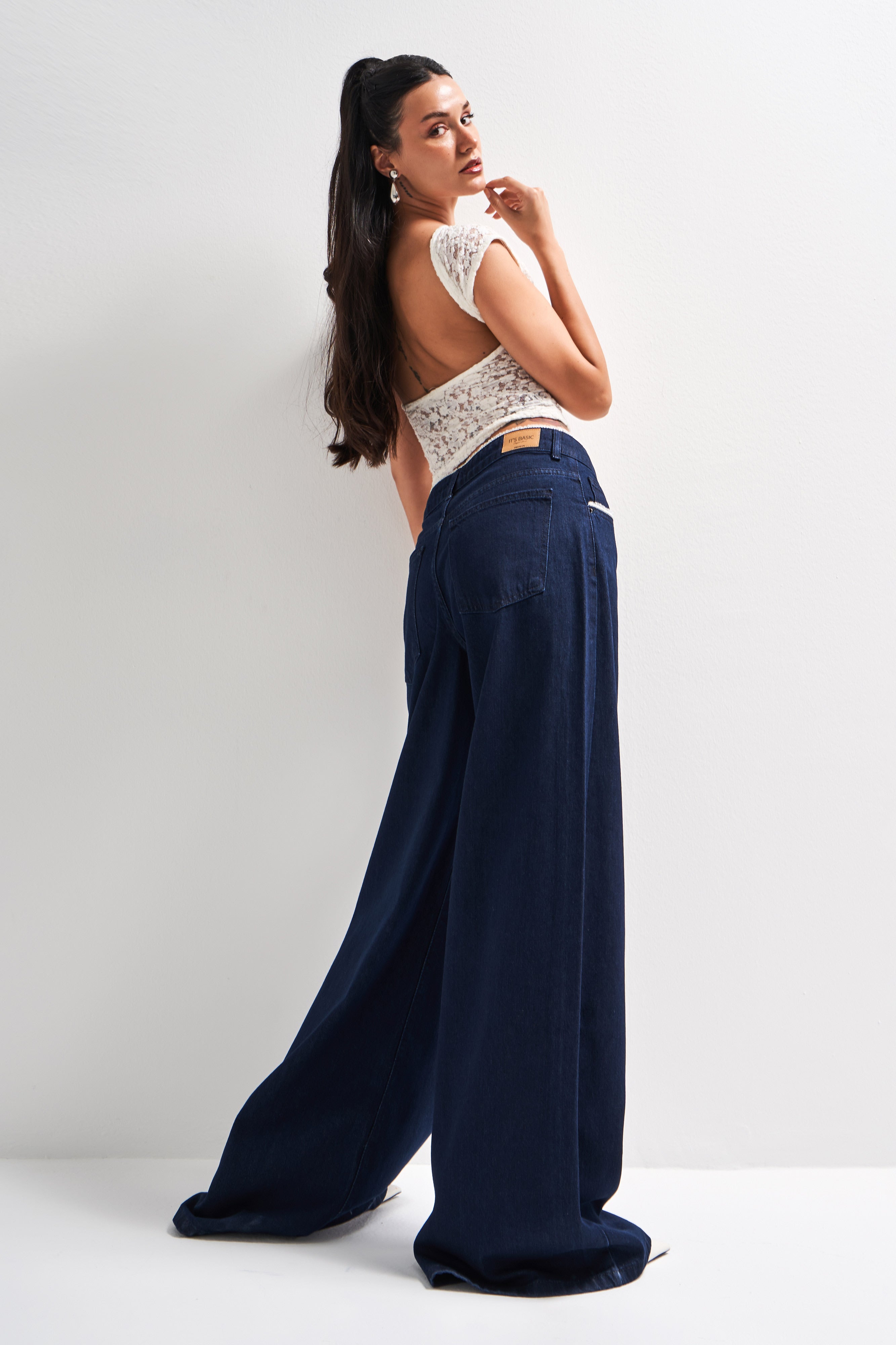 Kadın İndigo Renk 7s5-50 Palazzo Fit Dantel Detaylı %100 Koton Tasarım Denim Jean