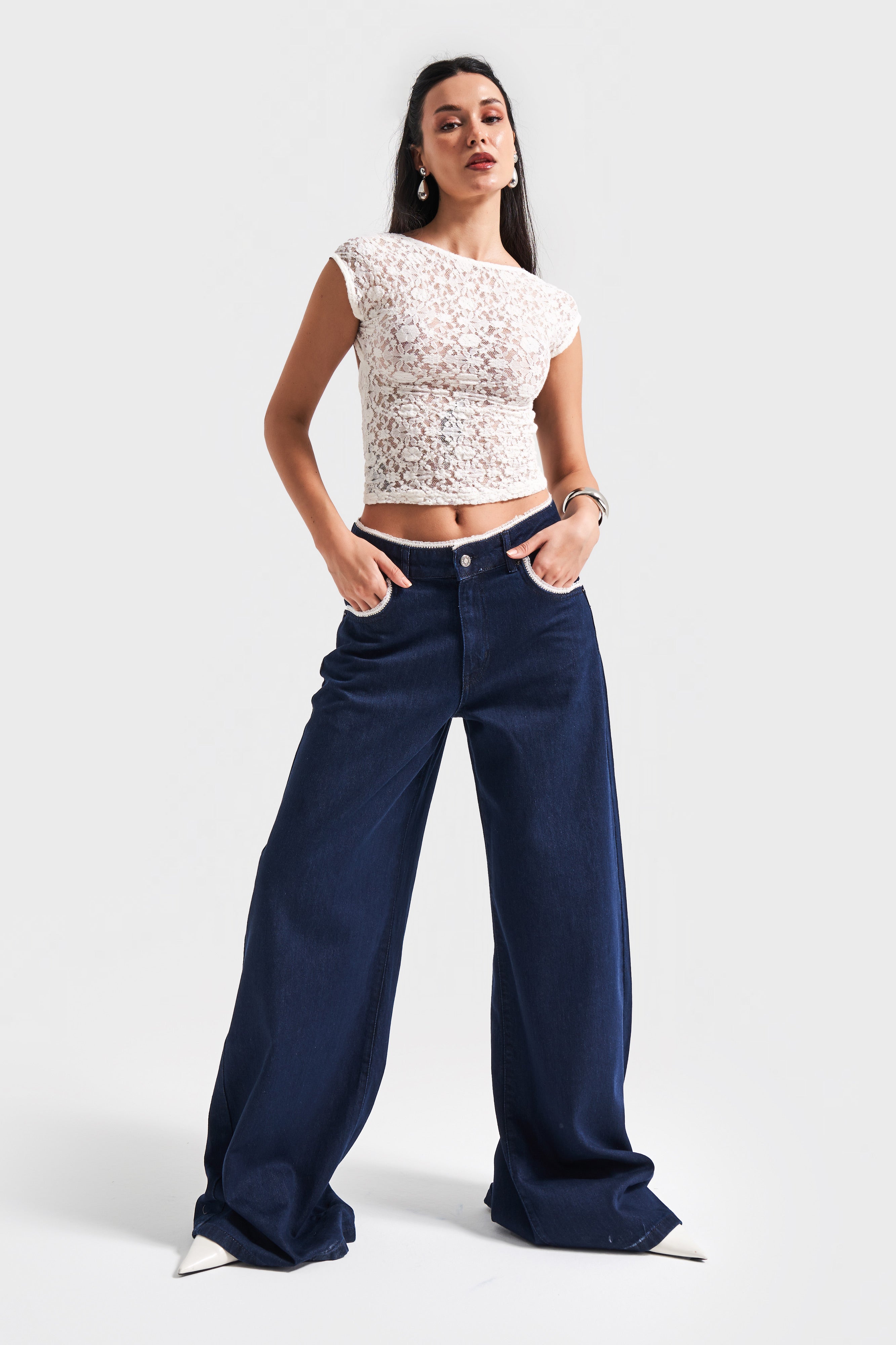 Kadın İndigo Renk 7s5-50 Palazzo Fit Dantel Detaylı %100 Koton Tasarım Denim Jean