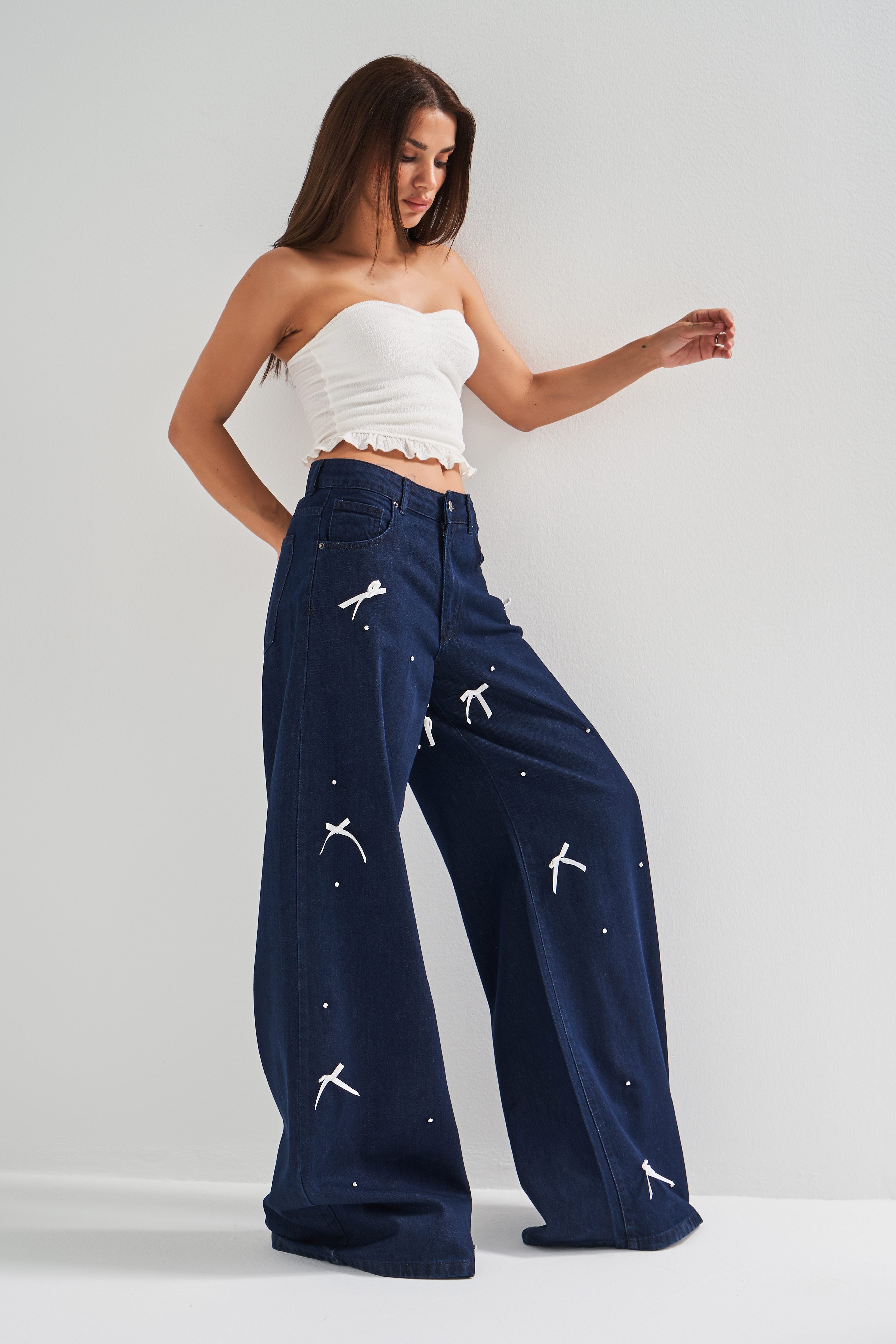 Kadın İndigo Renk 7s5-50 Palazzo Fit Taş Fiyonk Detaylı %100 Koton Tasarım Denim Jean