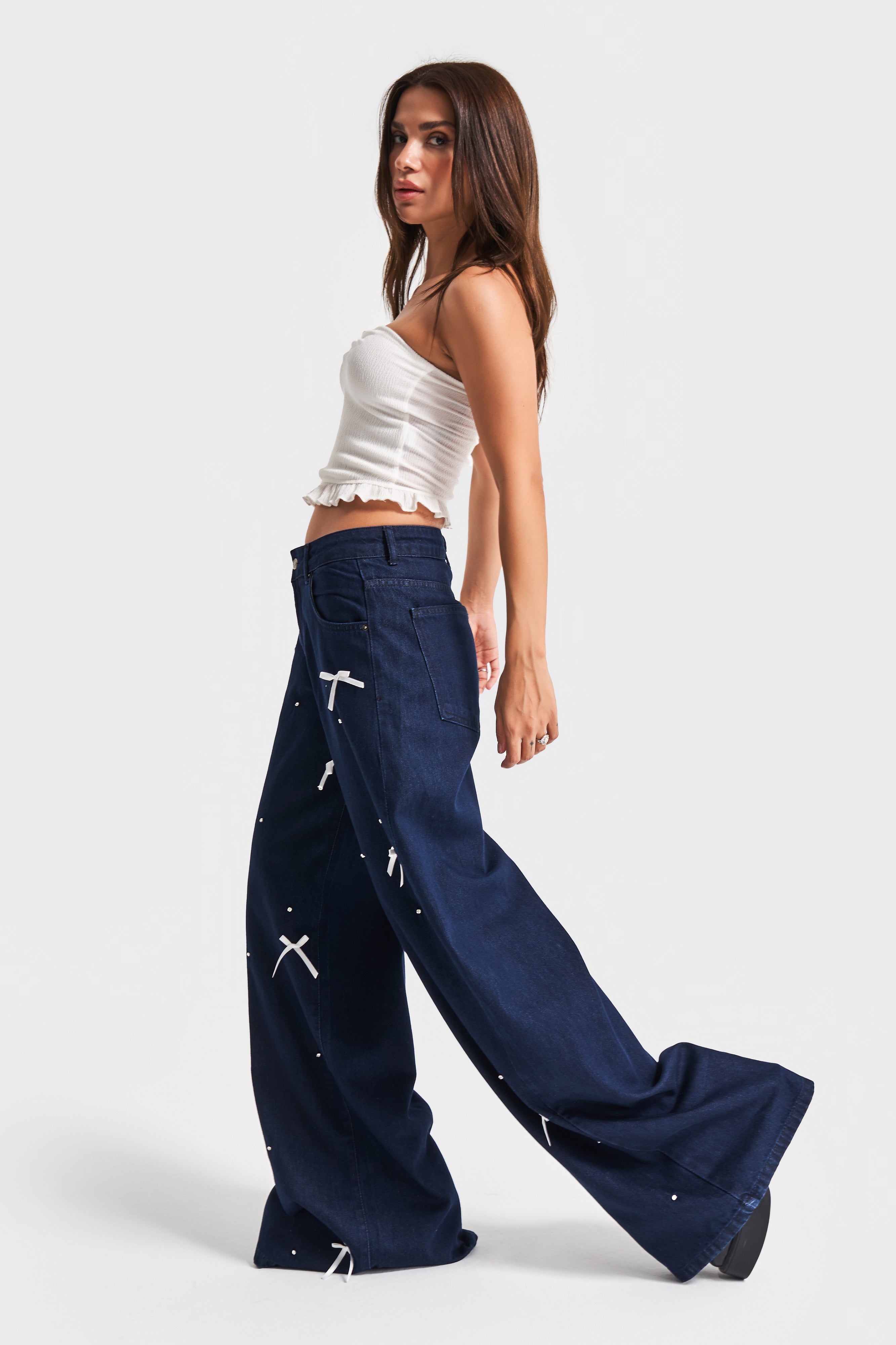 Kadın İndigo Renk 7s5-50 Palazzo Fit Taş Fiyonk Detaylı %100 Koton Tasarım Denim Jean