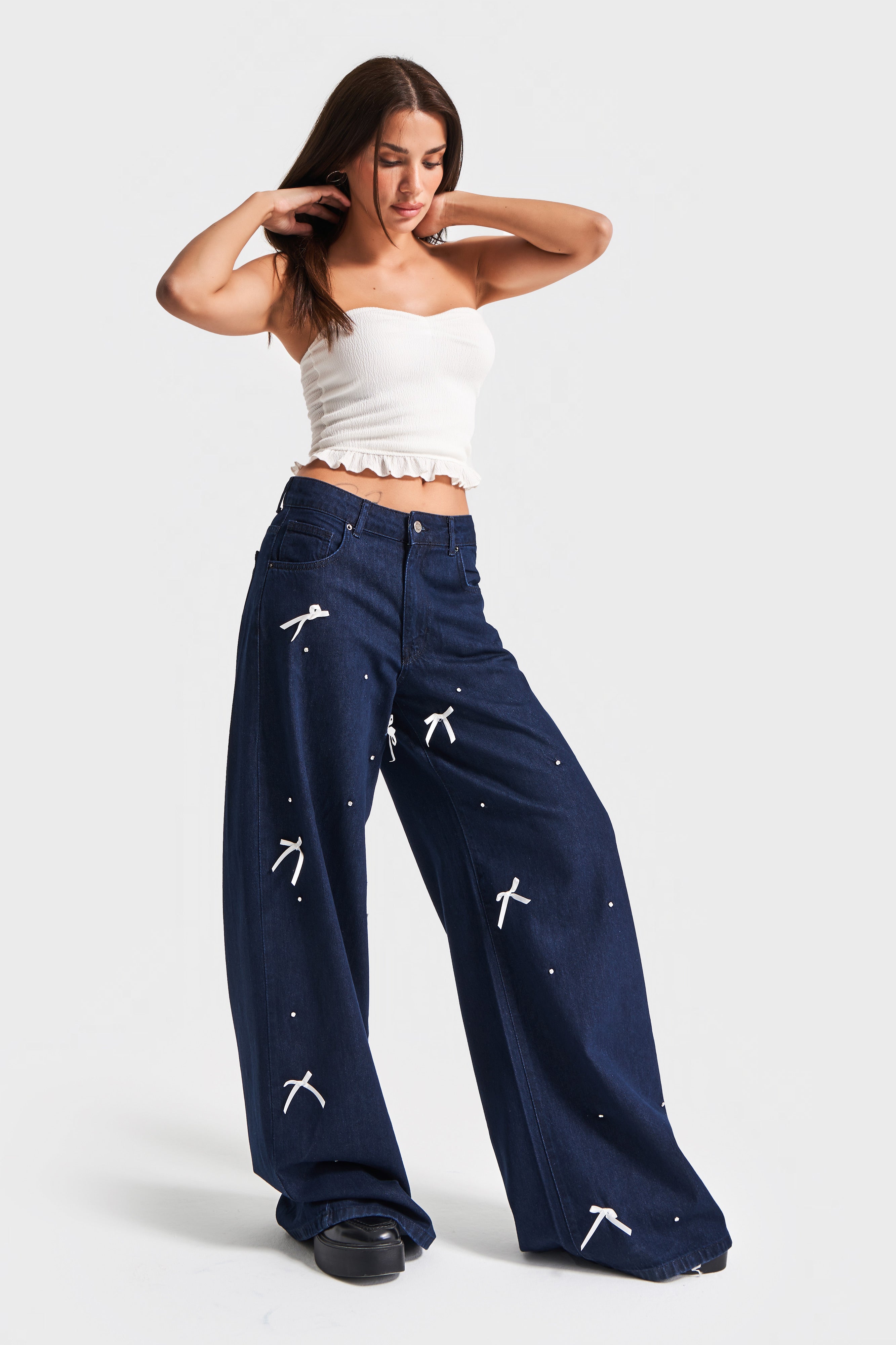Kadın İndigo Renk 7s5-50 Palazzo Fit Taş Fiyonk Detaylı %100 Koton Tasarım Denim Jean