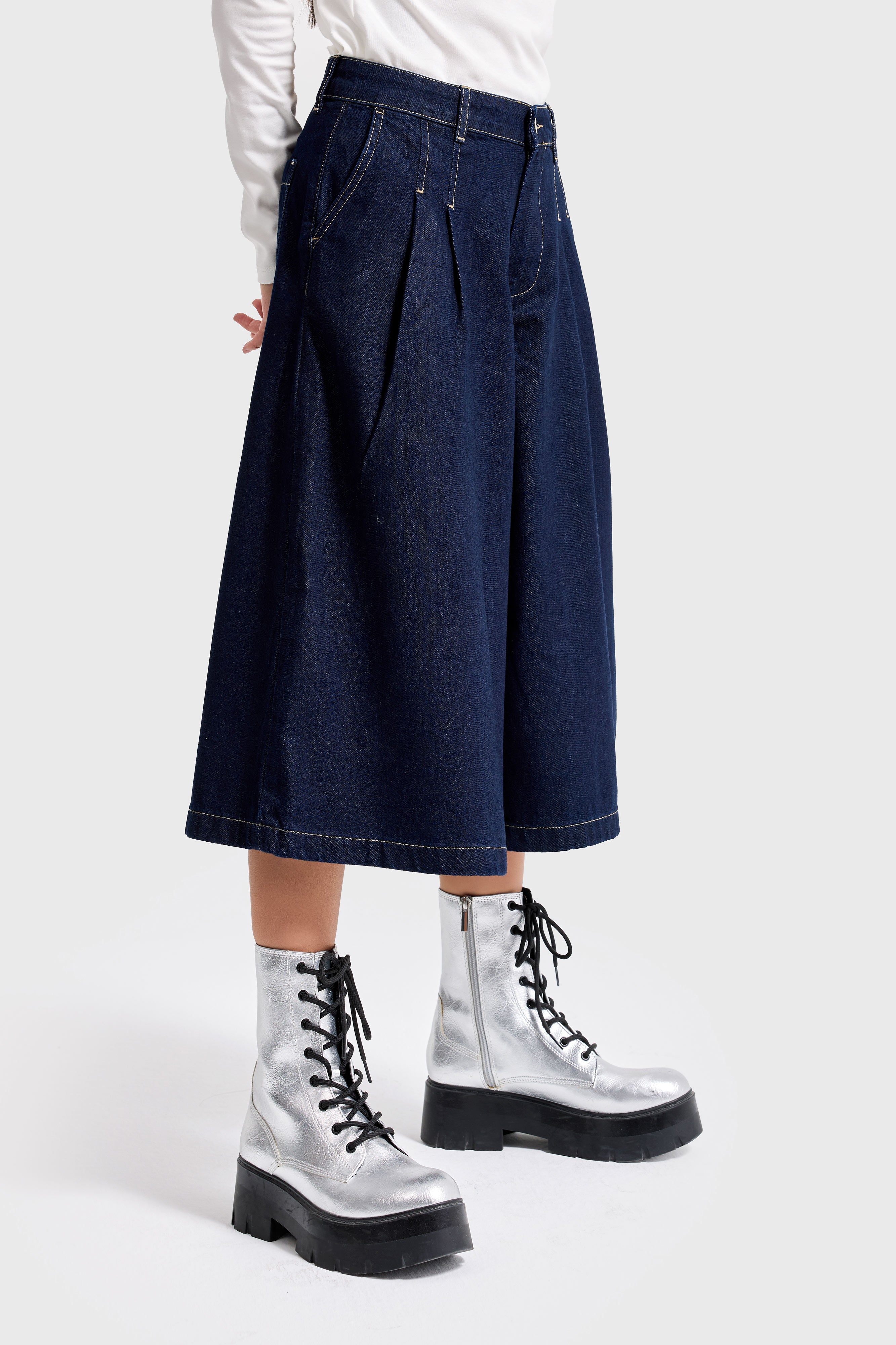 Kadın İndigo Renk 7s6-50 Baggy Fit Pileli Uzun Denim Bermuda Jean