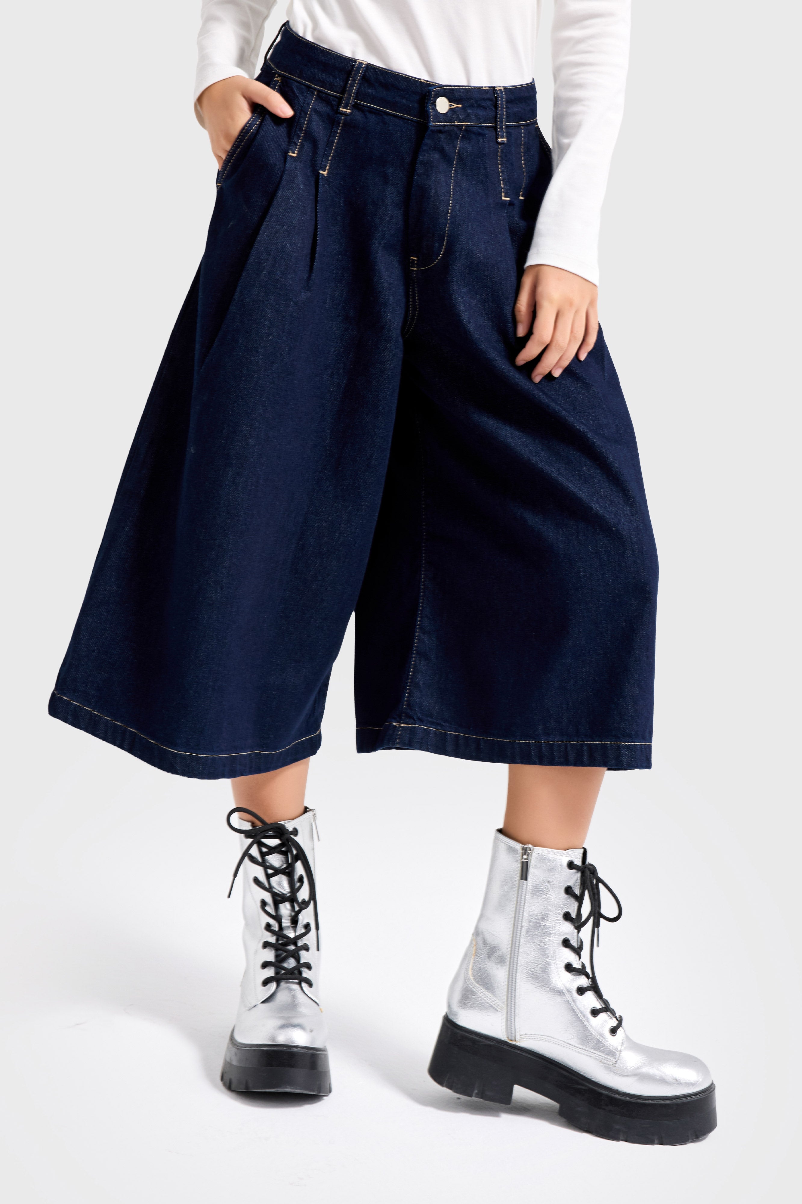 Kadın İndigo Renk 7s6-50 Baggy Fit Pileli Uzun Denim Bermuda Jean