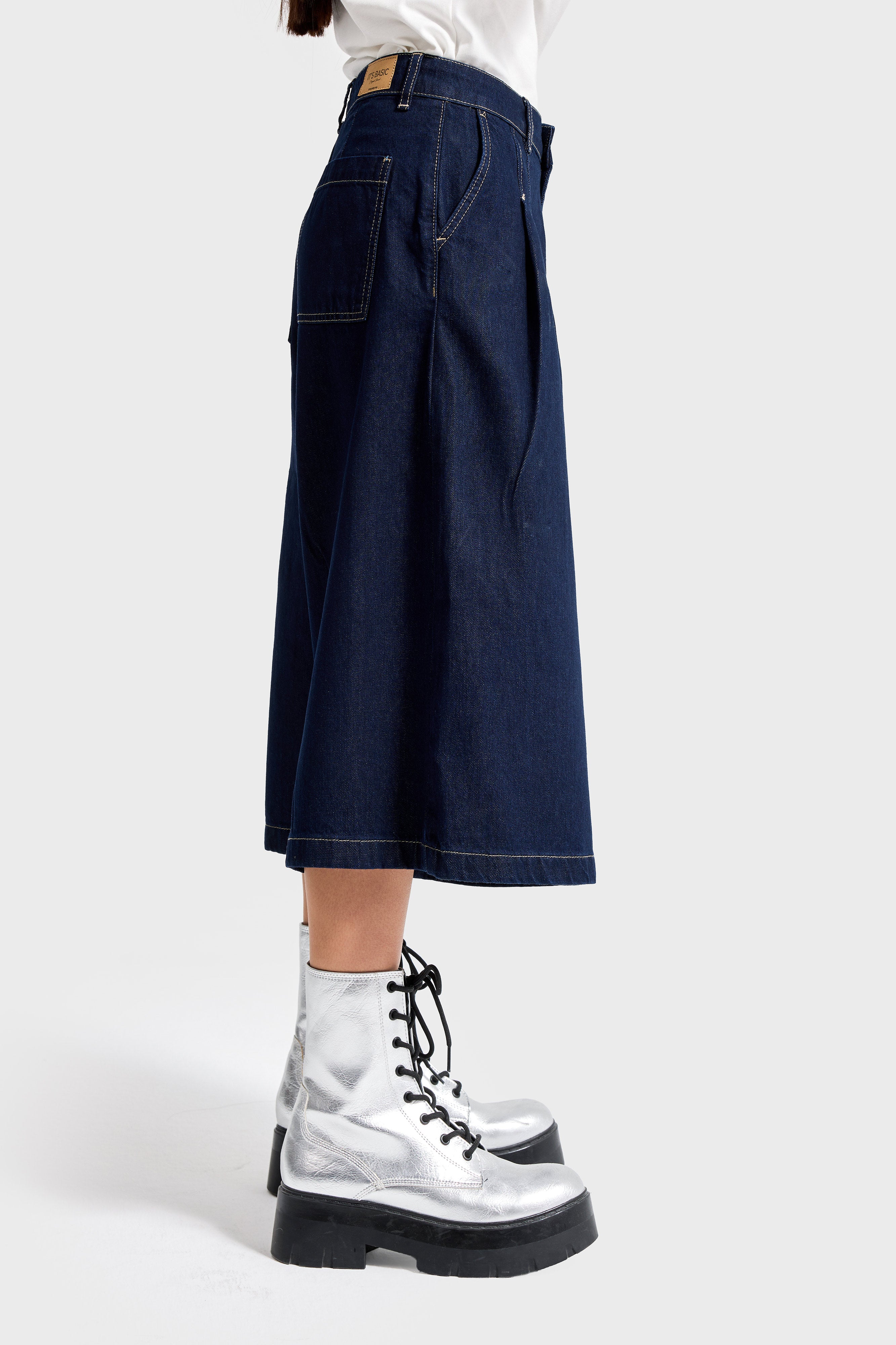 Kadın İndigo Renk 7s6-50 Baggy Fit Pileli Uzun Denim Bermuda Jean