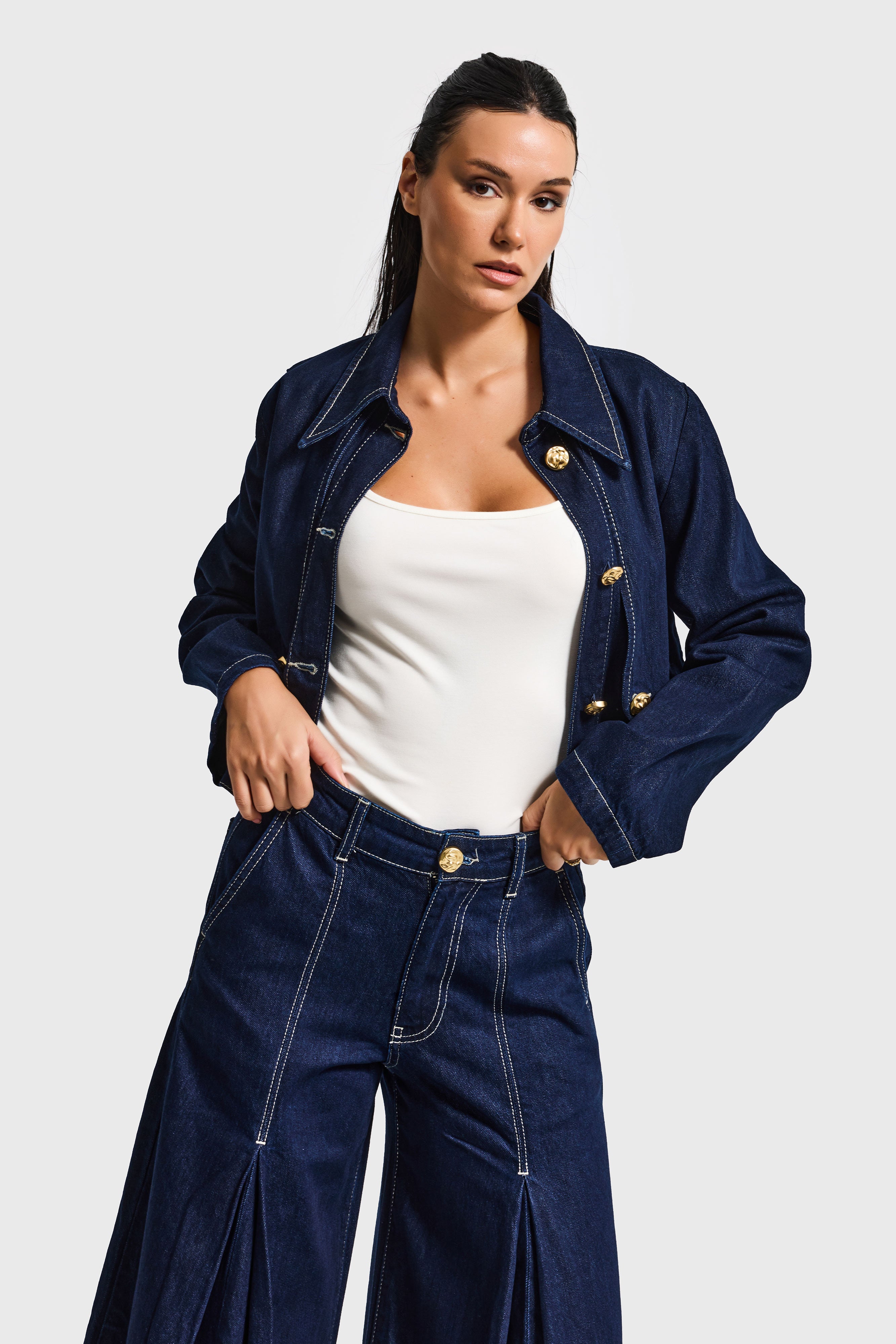 Kadın İndigo Renk 7s6-50 Crop Fit Viskon Kumaş Özel Tasarım Denim Ceket