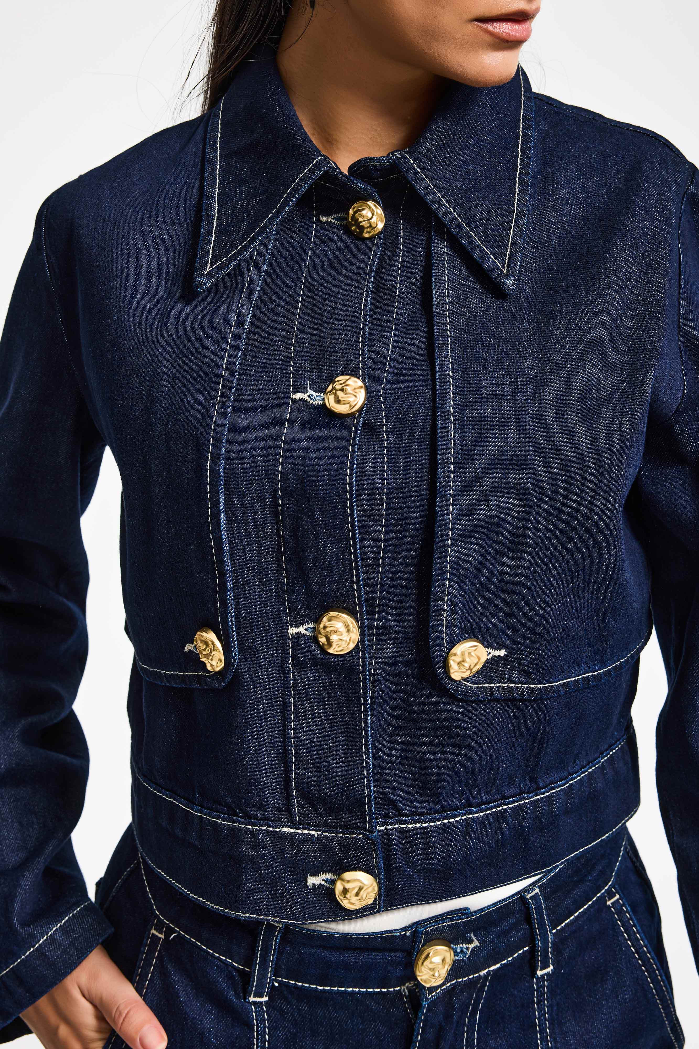 Kadın İndigo Renk 7s6-50 Crop Fit Viskon Kumaş Özel Tasarım Denim Ceket