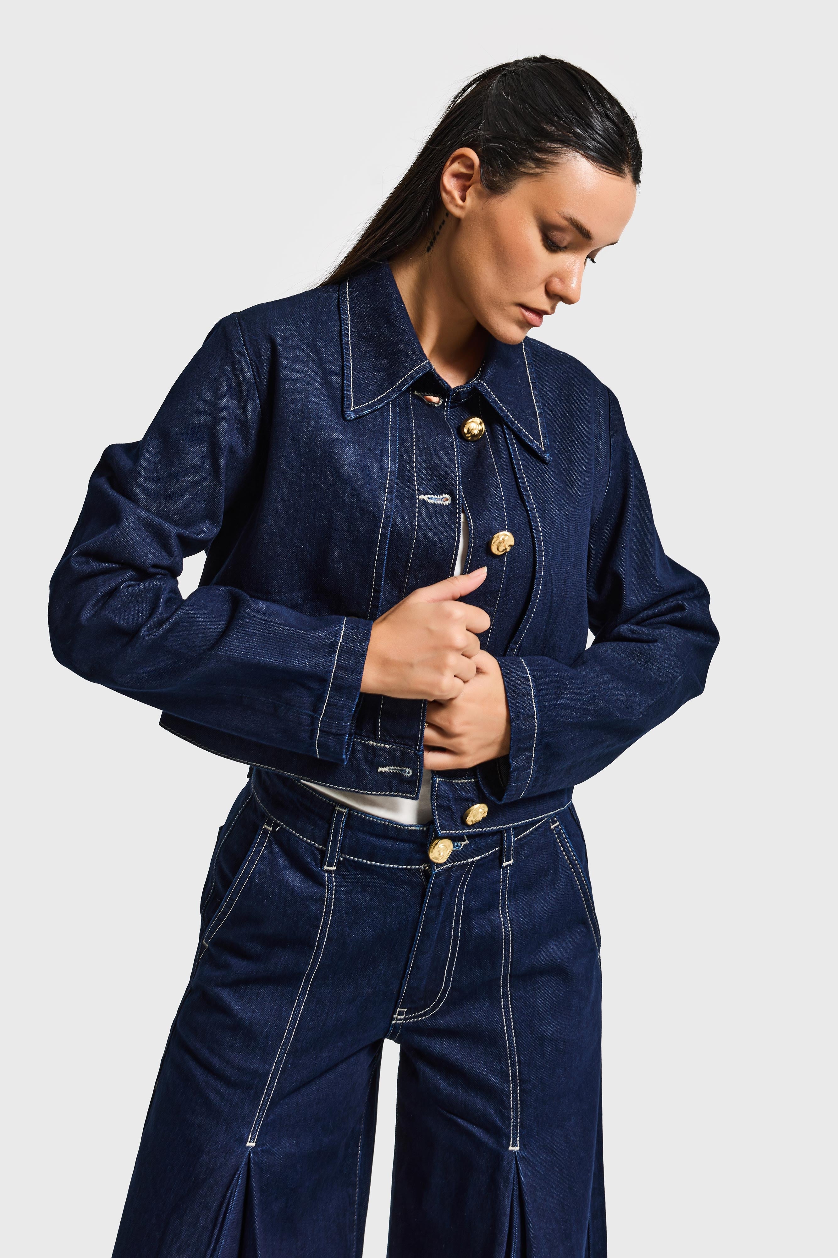 Kadın İndigo Renk 7s6-50 Crop Fit Viskon Kumaş Özel Tasarım Denim Ceket